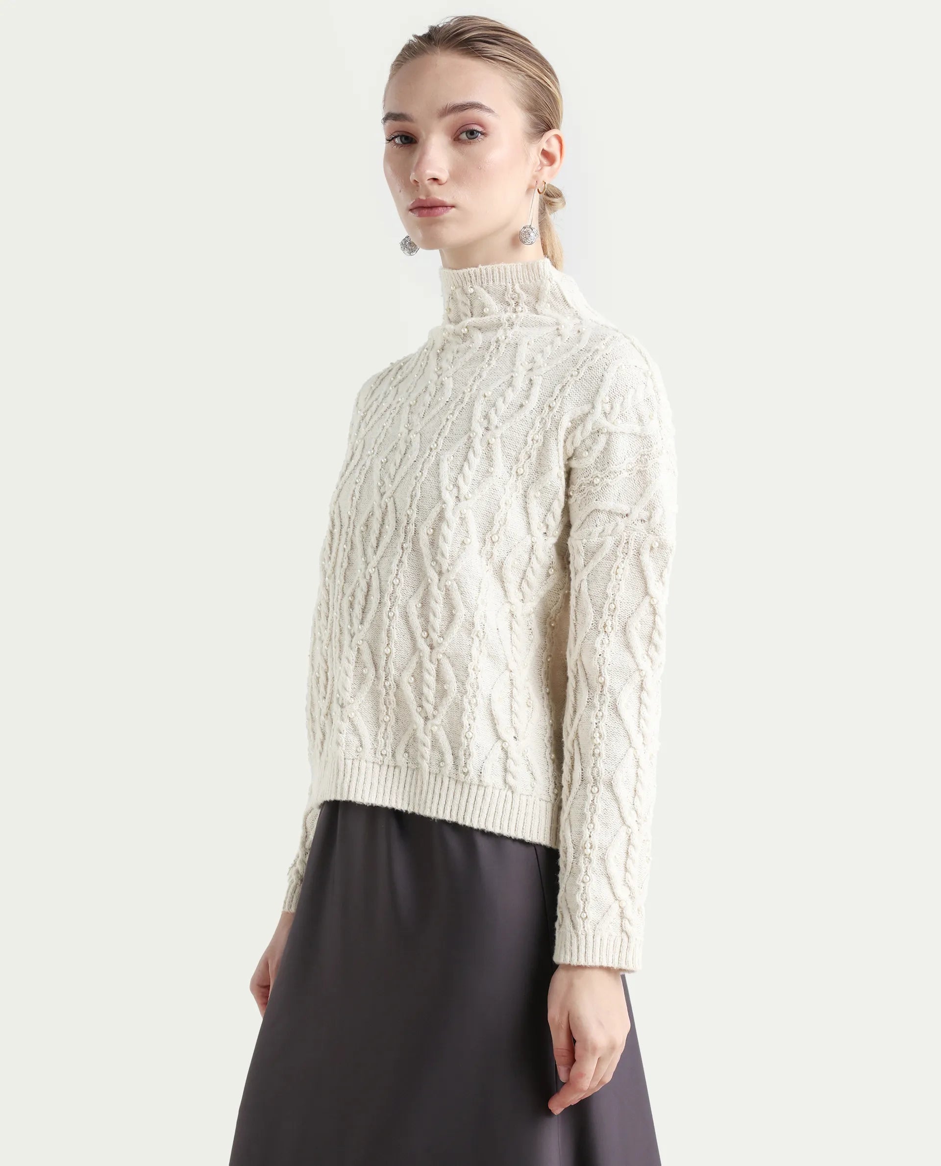 Rareism Women's Polyester High Neck Plain Relaxed Fit Sweater