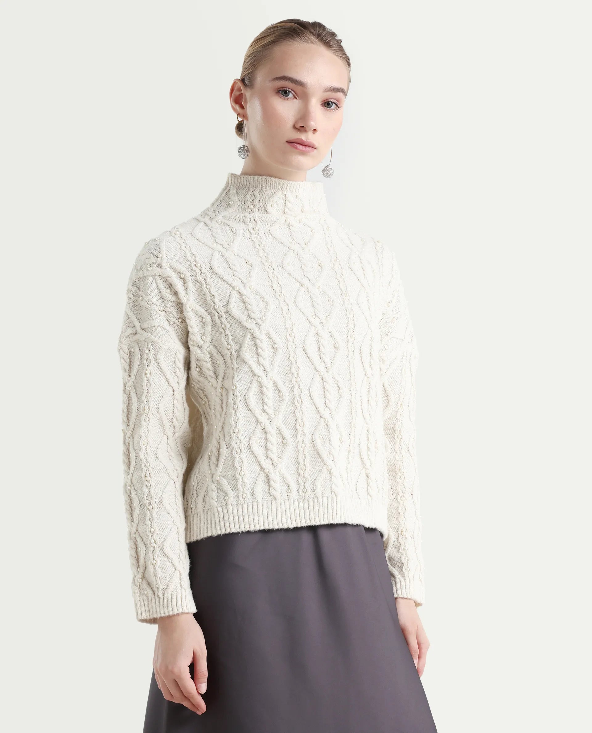 Rareism Women's Polyester High Neck Plain Relaxed Fit Sweater