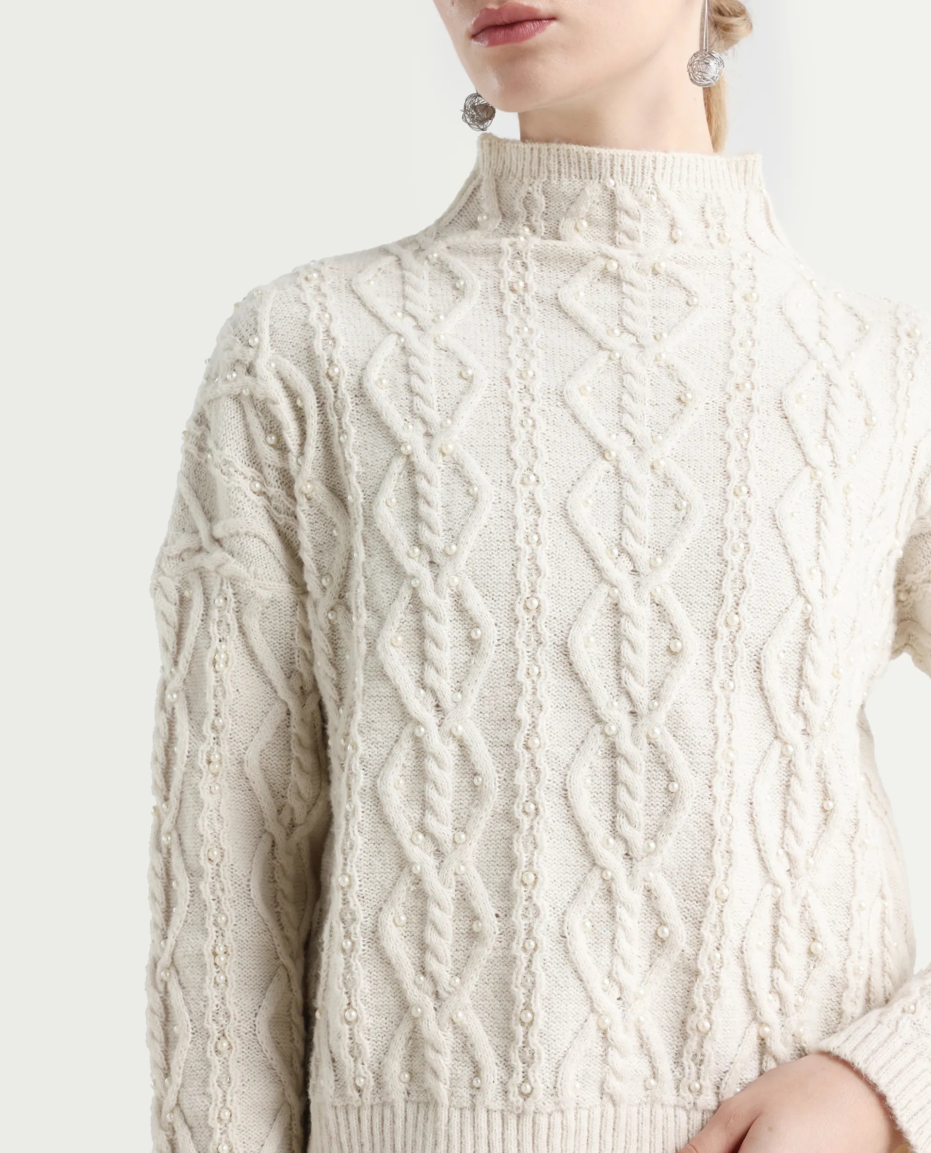 Rareism Women's Polyester High Neck Plain Relaxed Fit Sweater