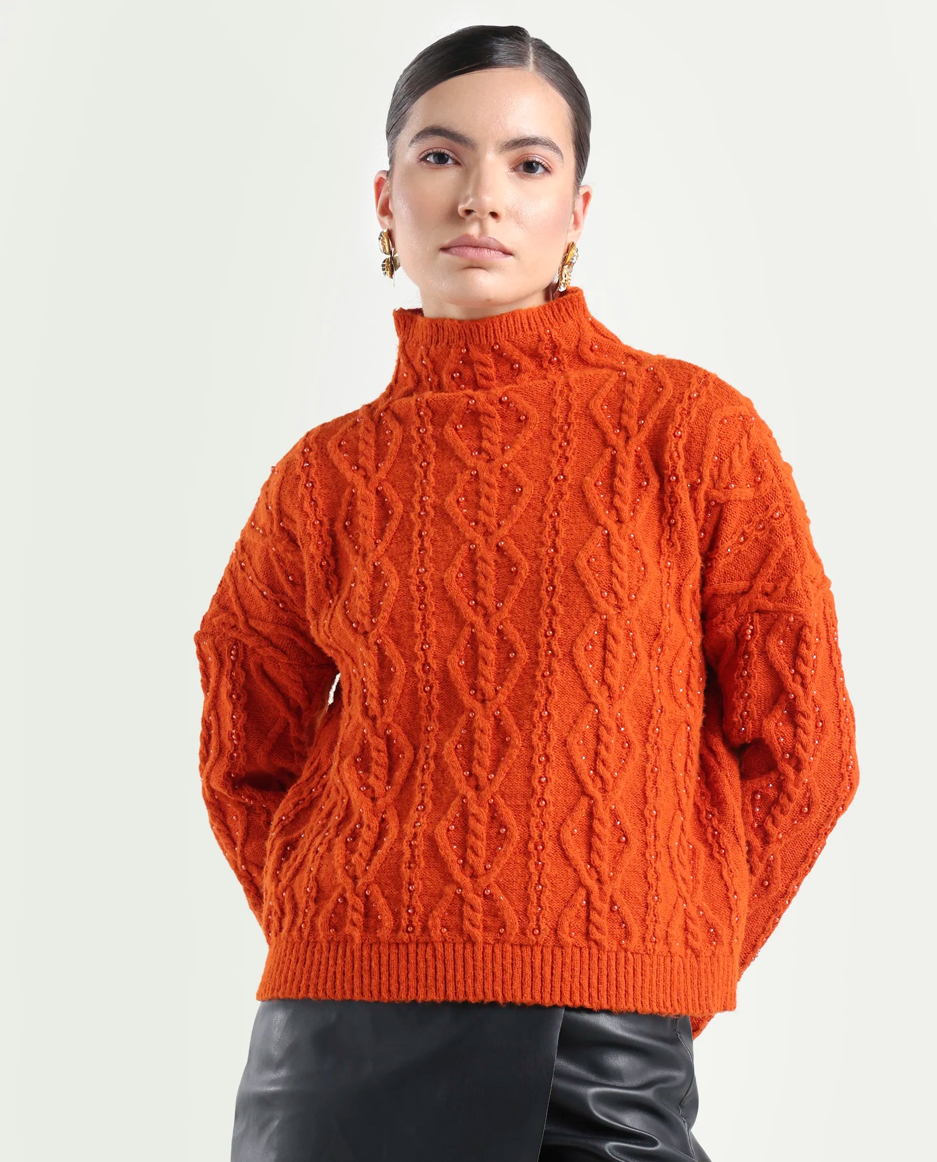 Rareism Women's Osmaniye Rust Polyester High Neck Plain Relaxed Fit Sweater