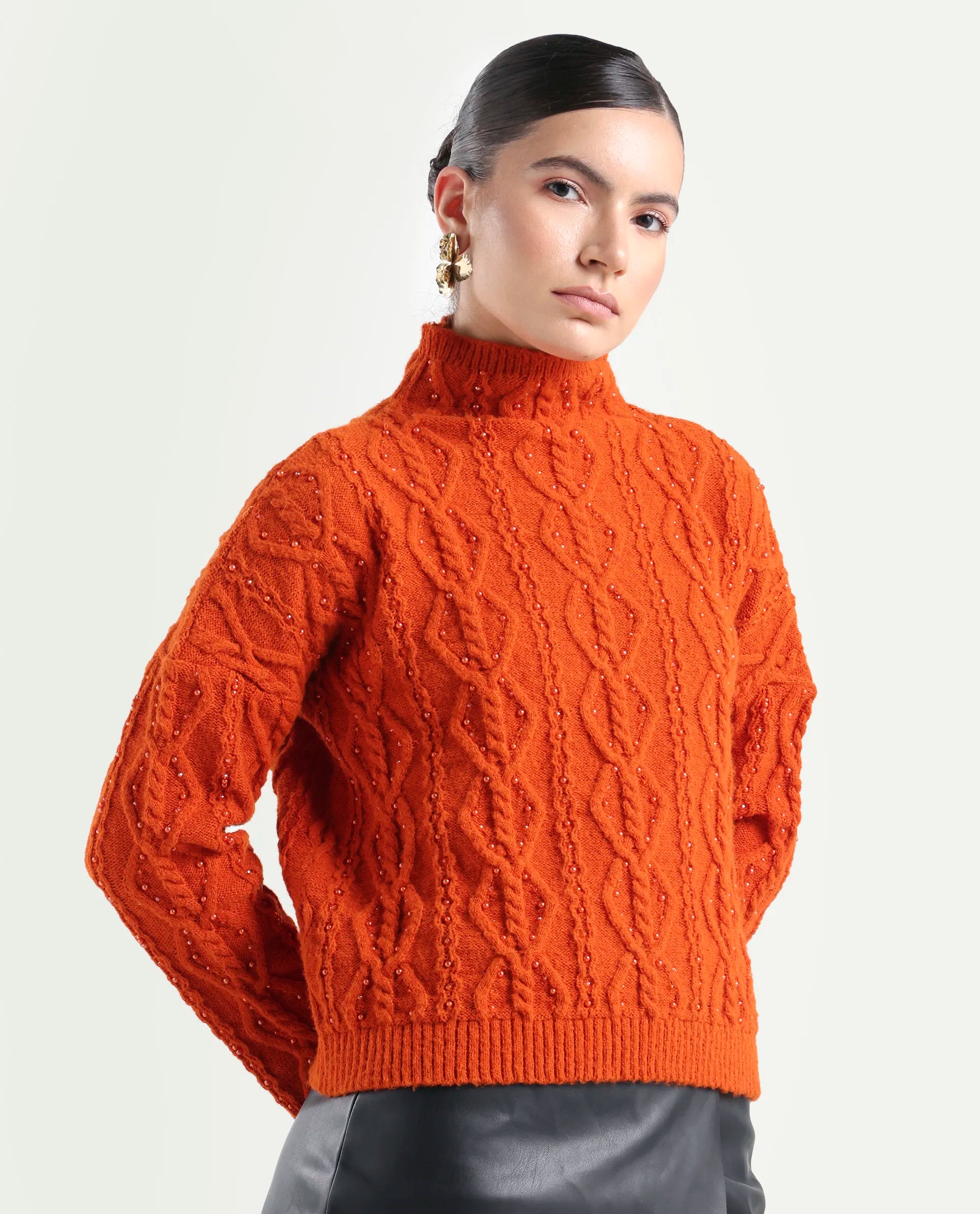Rareism Women's Osmaniye Rust Polyester High Neck Plain Relaxed Fit Sweater