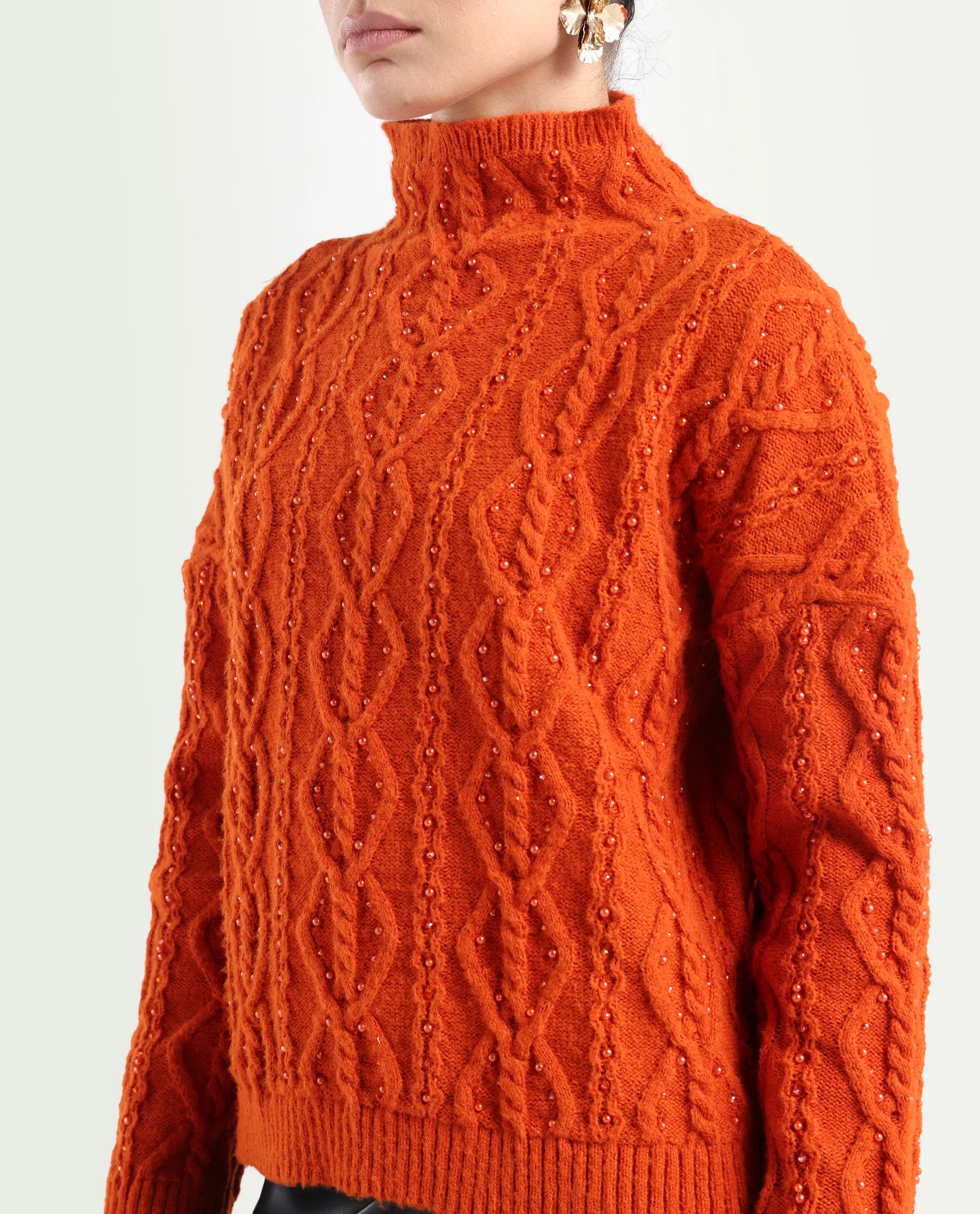 Rareism Women's Osmaniye Rust Polyester High Neck Plain Relaxed Fit Sweater