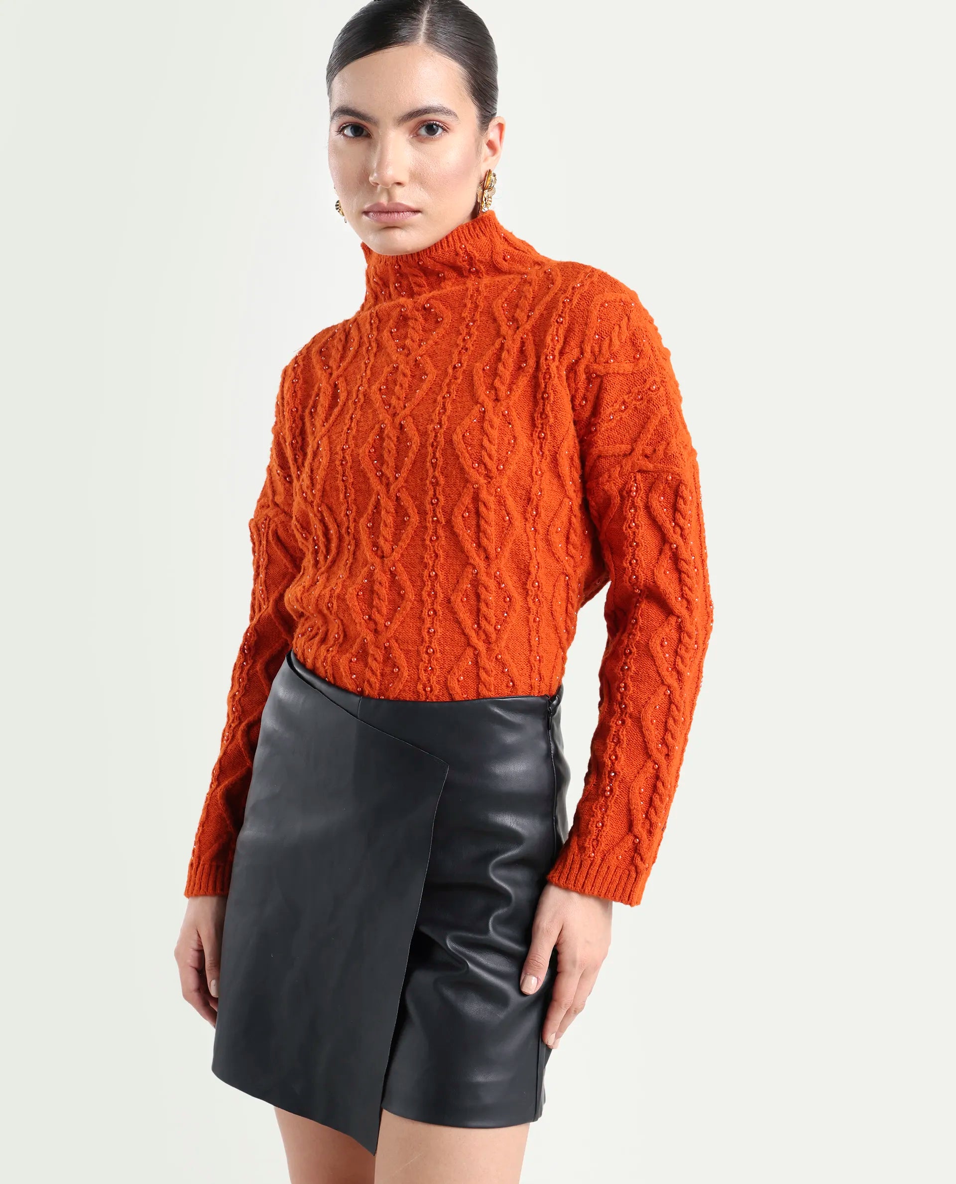 Rareism Women's Osmaniye Rust Polyester High Neck Plain Relaxed Fit Sweater