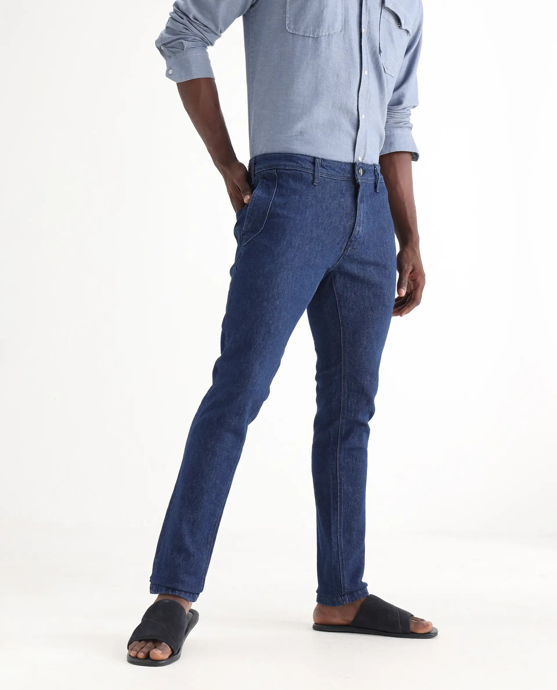 Rare Rabbit Men's Osmar Blue Cotton Plain Hawk Slim Fit Jeans