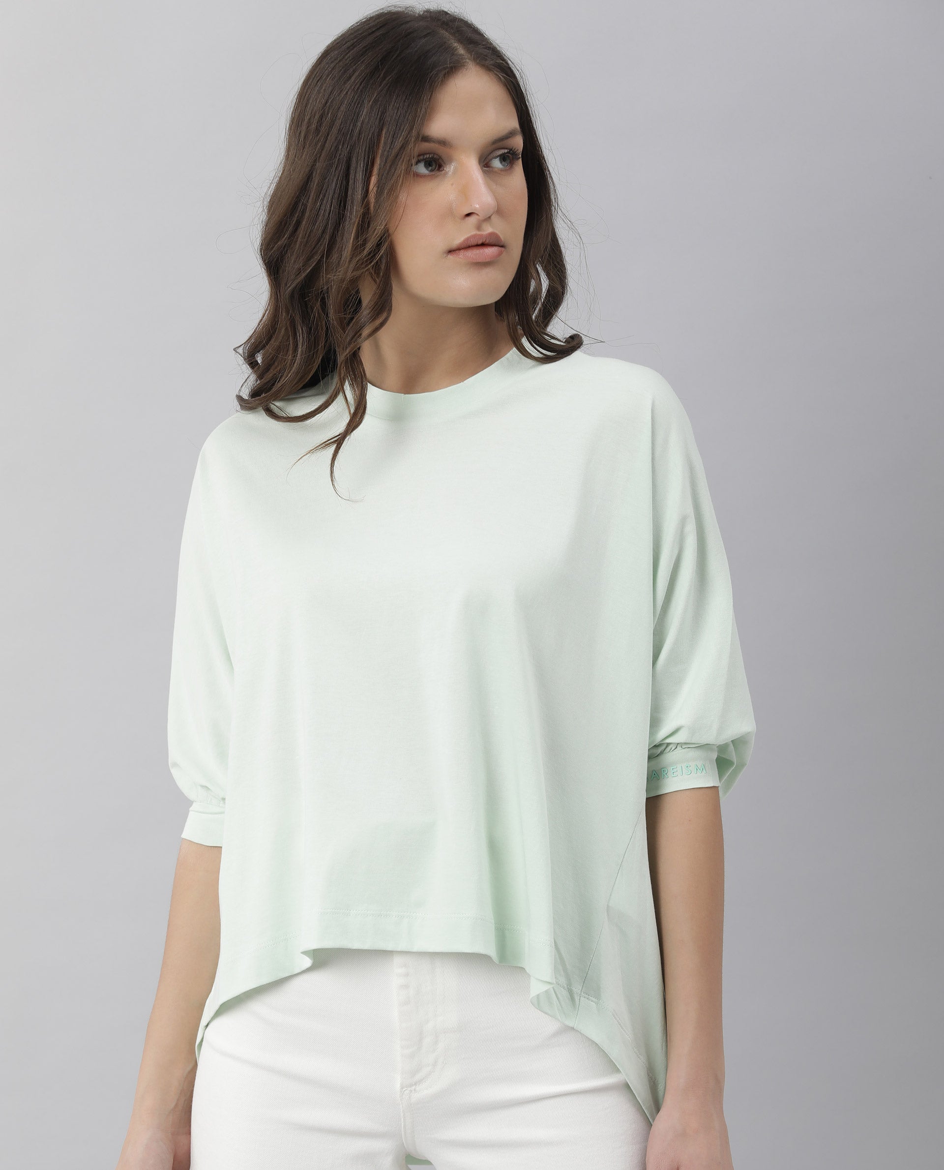 Rareism Womens Osmo Green Top Cotton Fabric Regular Fit Volume Sleeve Round Neck