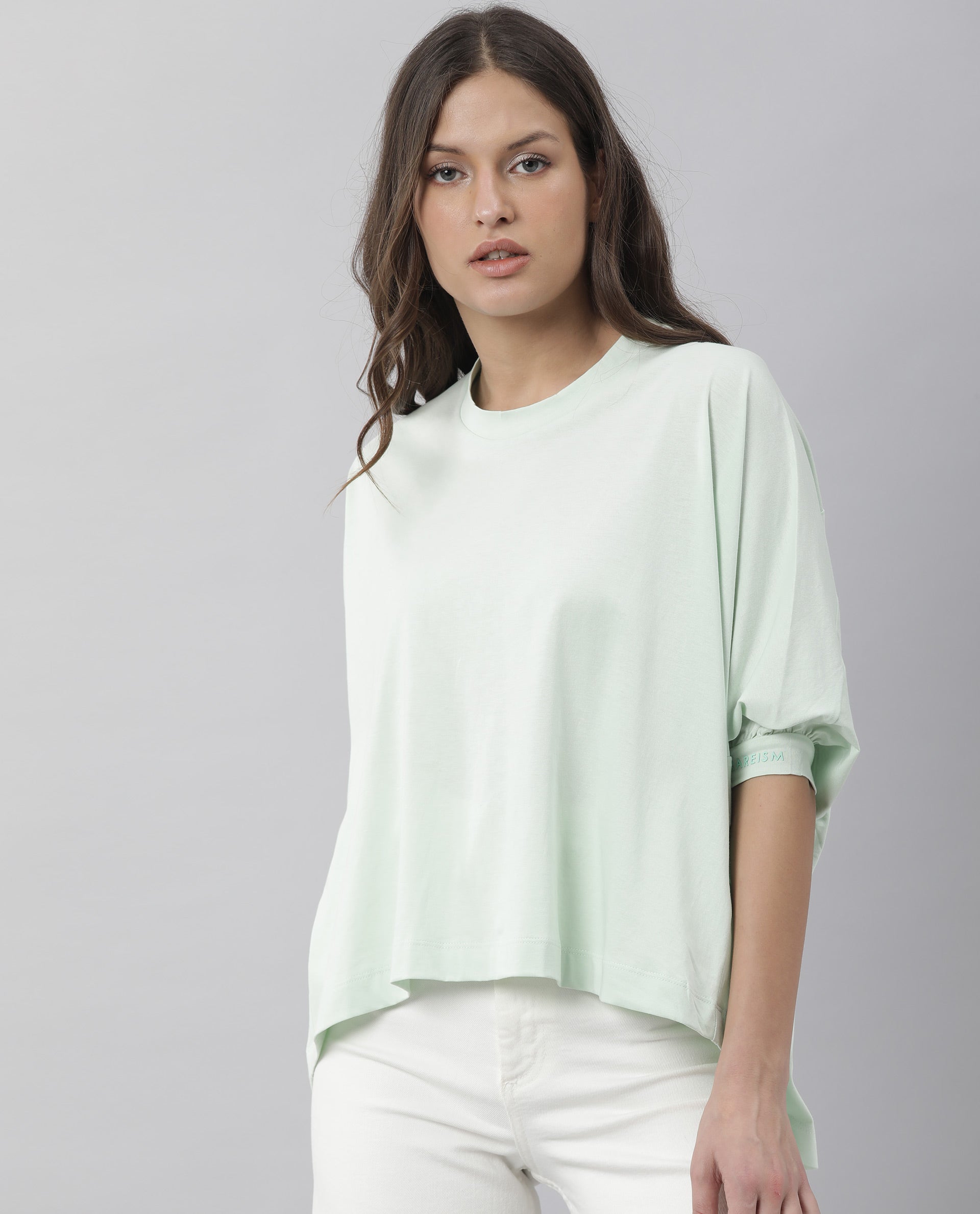 Rareism Womens Osmo Green Top Cotton Fabric Regular Fit Volume Sleeve Round Neck
