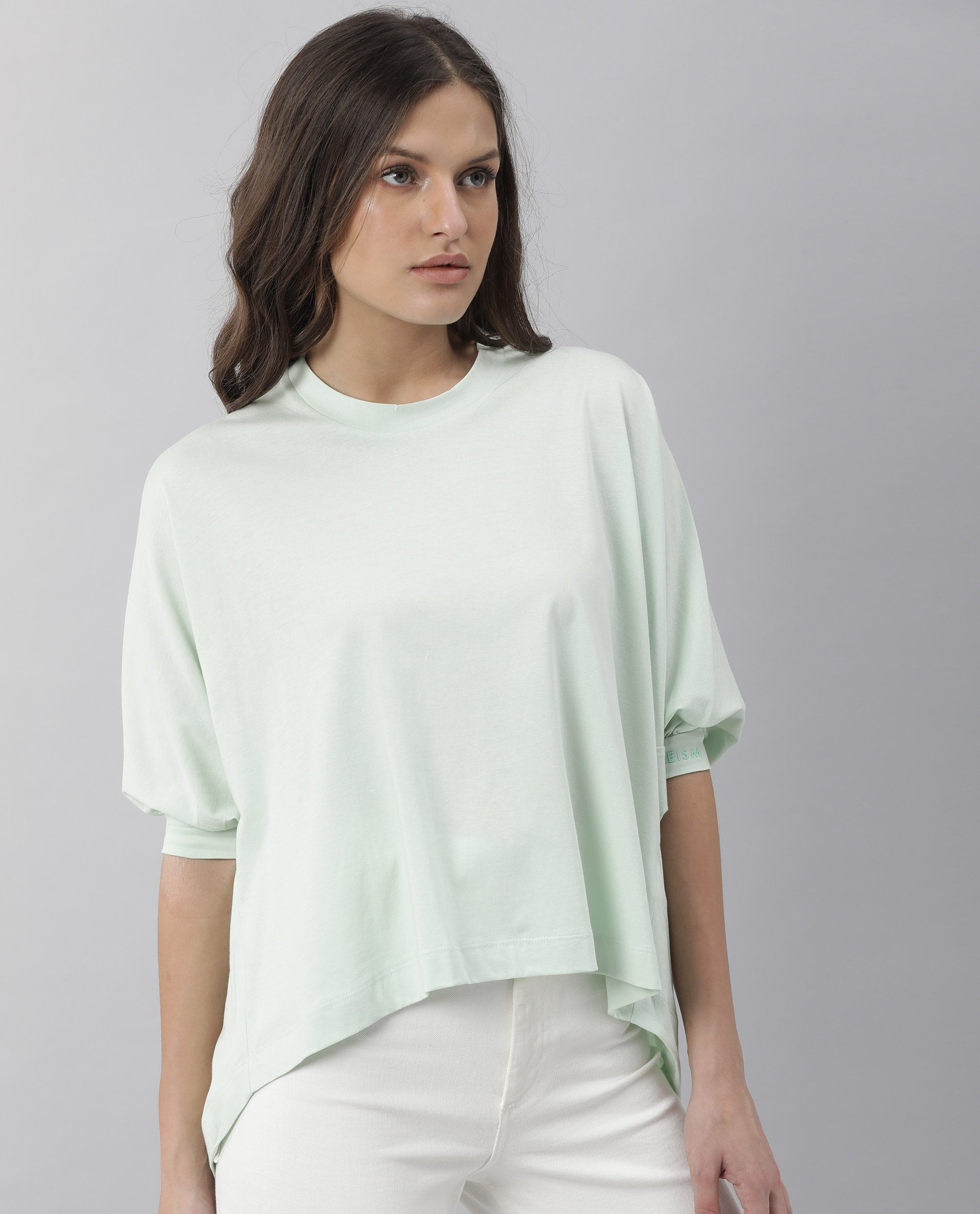 Rareism Womens Osmo Green Top Cotton Fabric Regular Fit Volume Sleeve Round Neck