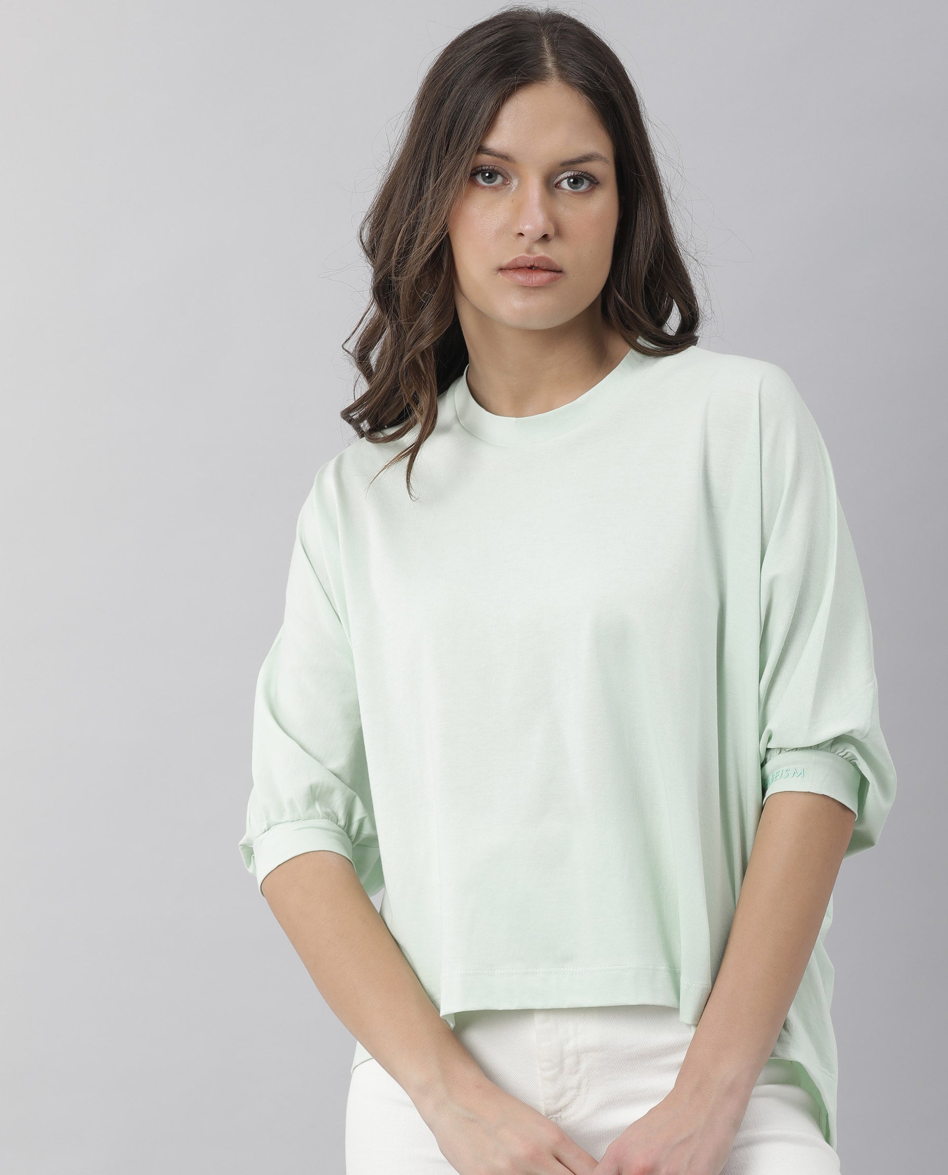 Rareism Womens Osmo Green Top Cotton Fabric Regular Fit Volume Sleeve Round Neck