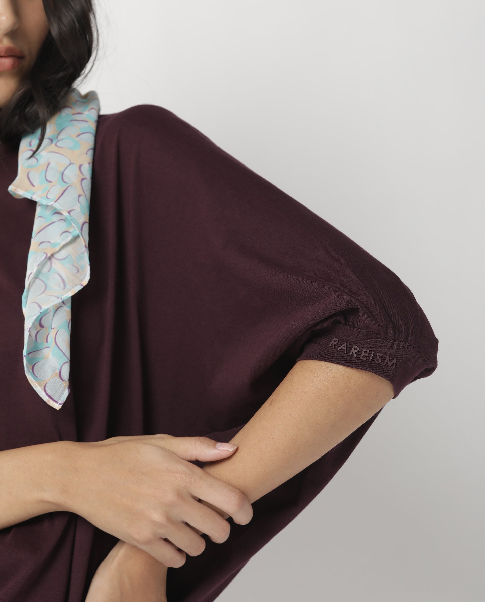 Rareism Womens Osmo Maroon Top Cotton Fabric Regular Fit Volume Sleeve Round Neck