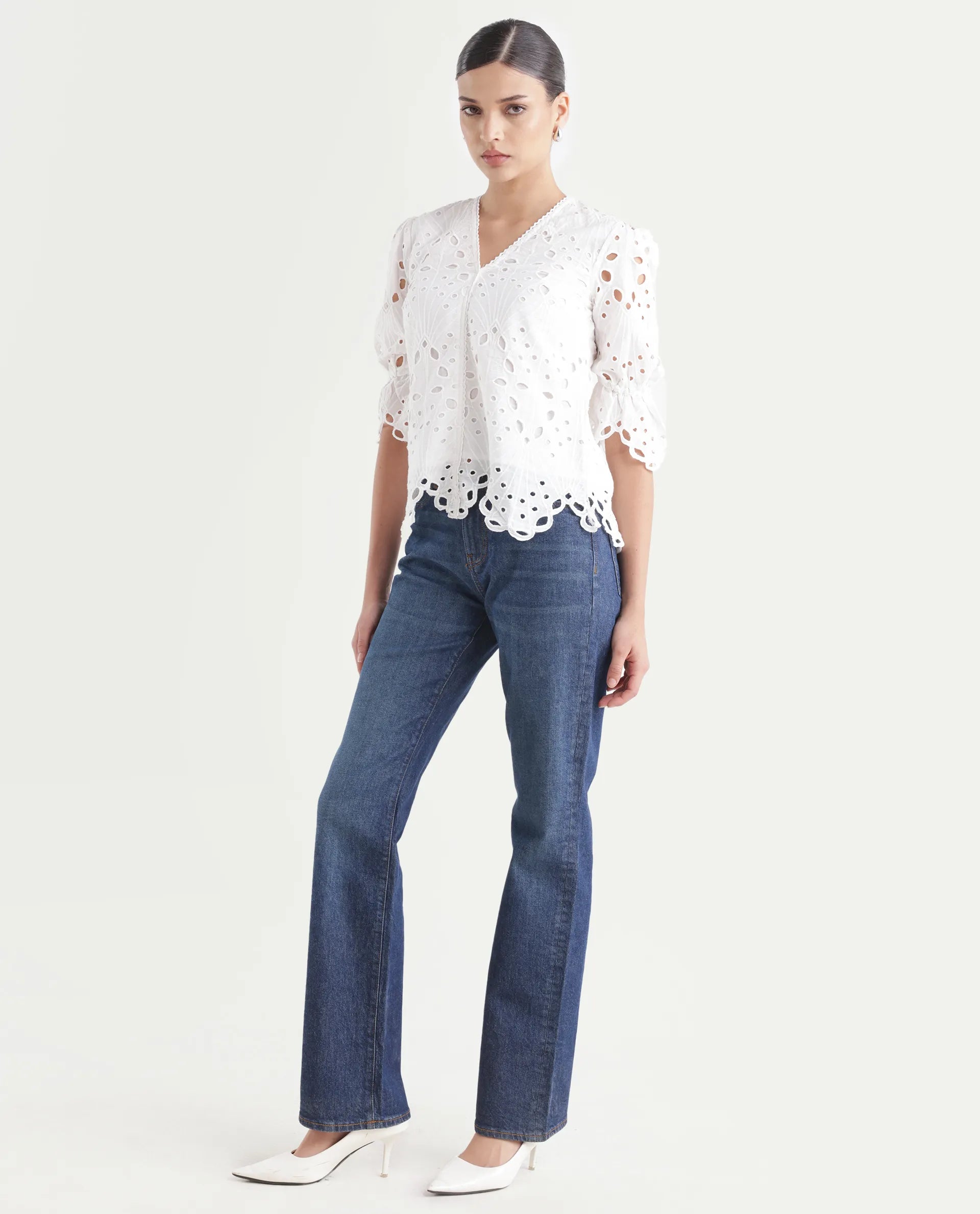 Rareism Women's Osseo Dark Blue Cotton Blend Plain Ankle Length Smart Straight Fit Jeans