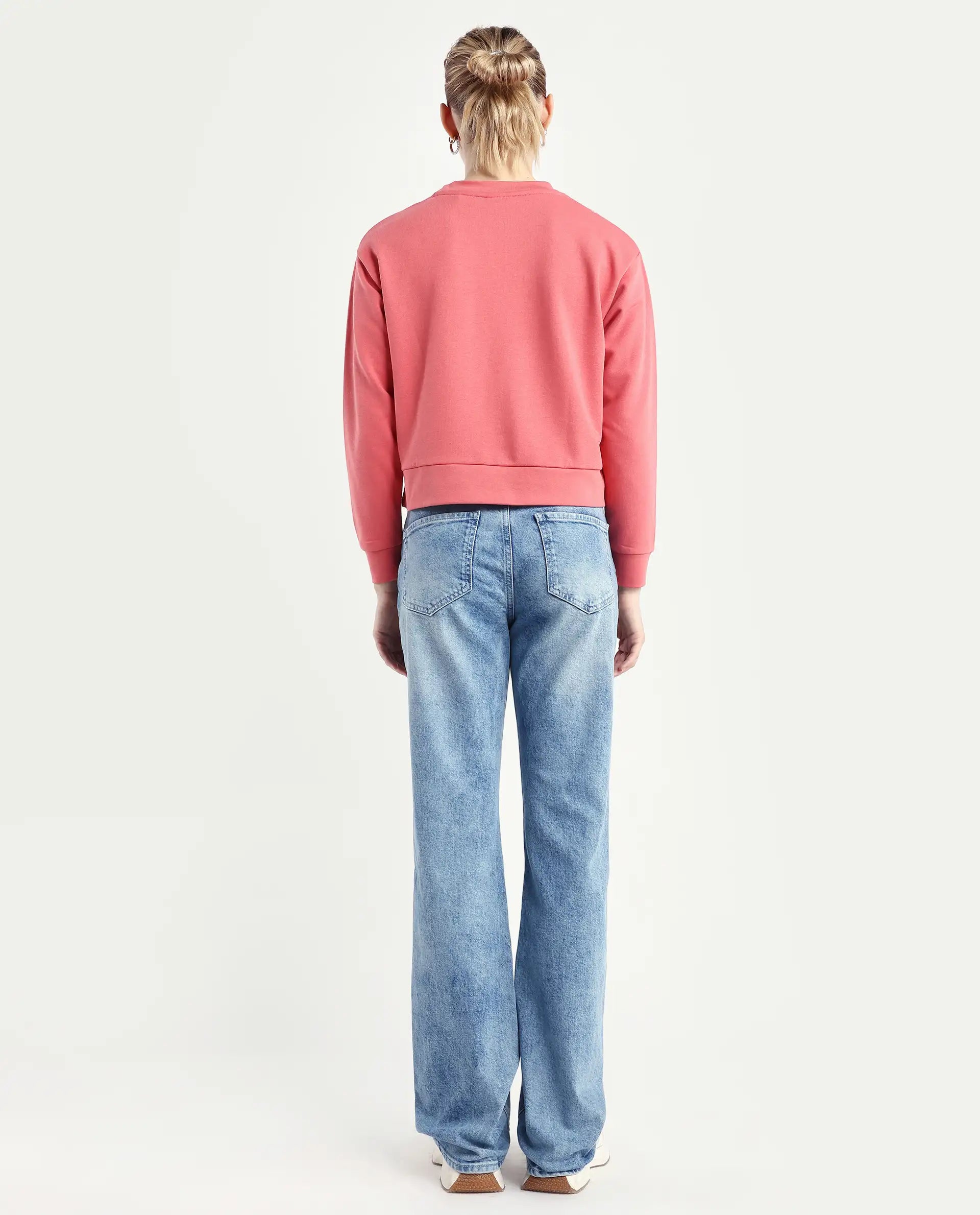 Rareism Women's Osseo Light Blue Cotton Blend Plain Ankle Length Smart Straight Fit Jeans