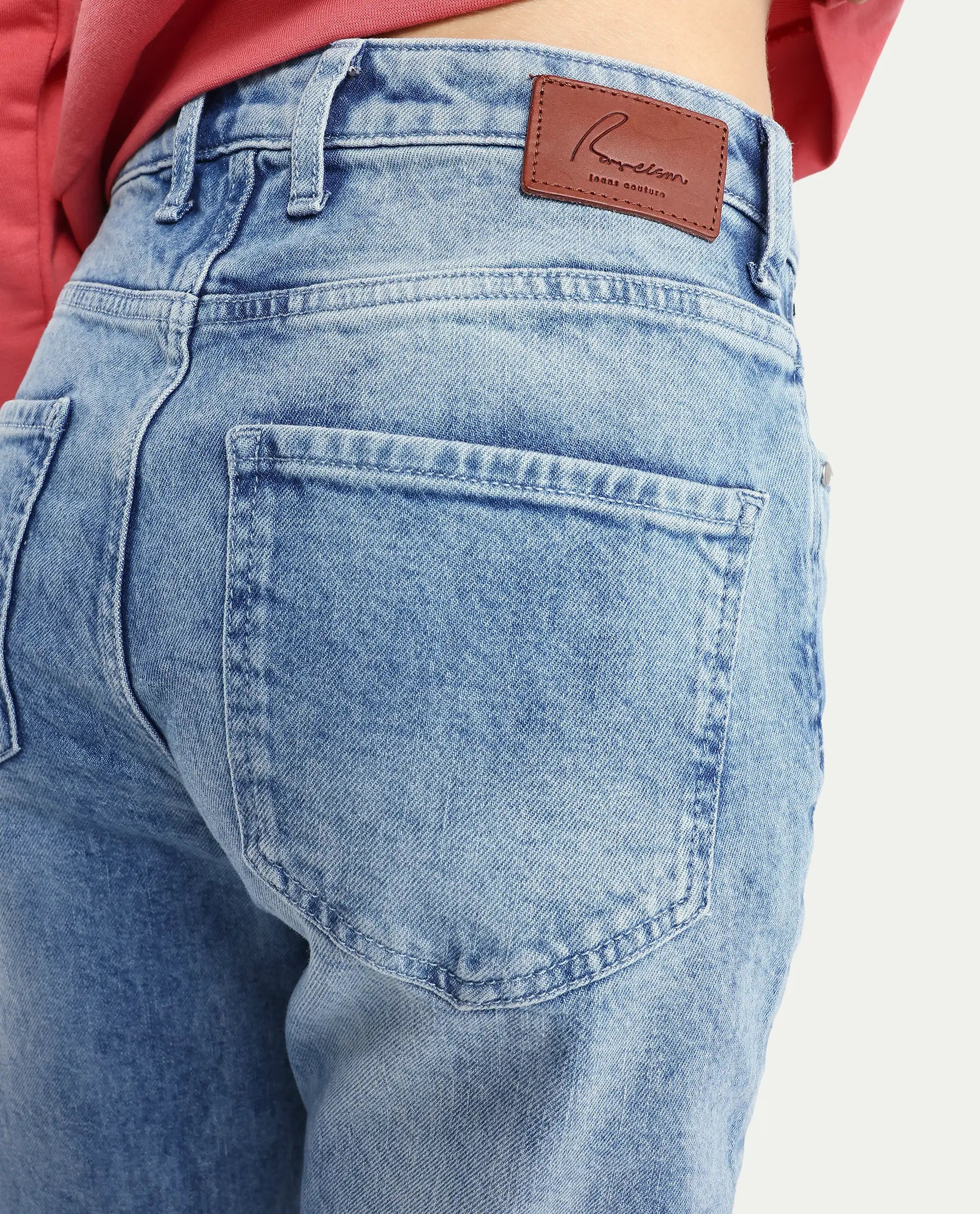 Rareism Women's Osseo Light Blue Cotton Blend Plain Ankle Length Smart Straight Fit Jeans