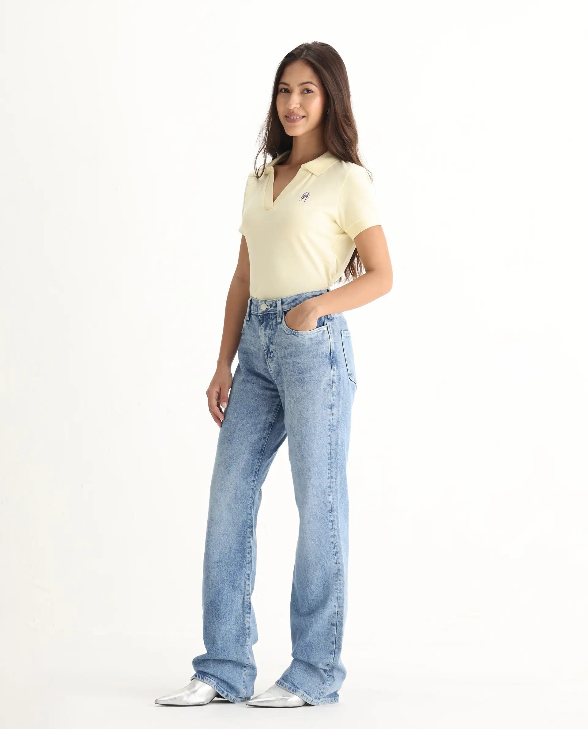 Rareism Women's Osseo Pastel Blue Cotton Blend Plain Ankle Length Smart Straight Fit Jeans