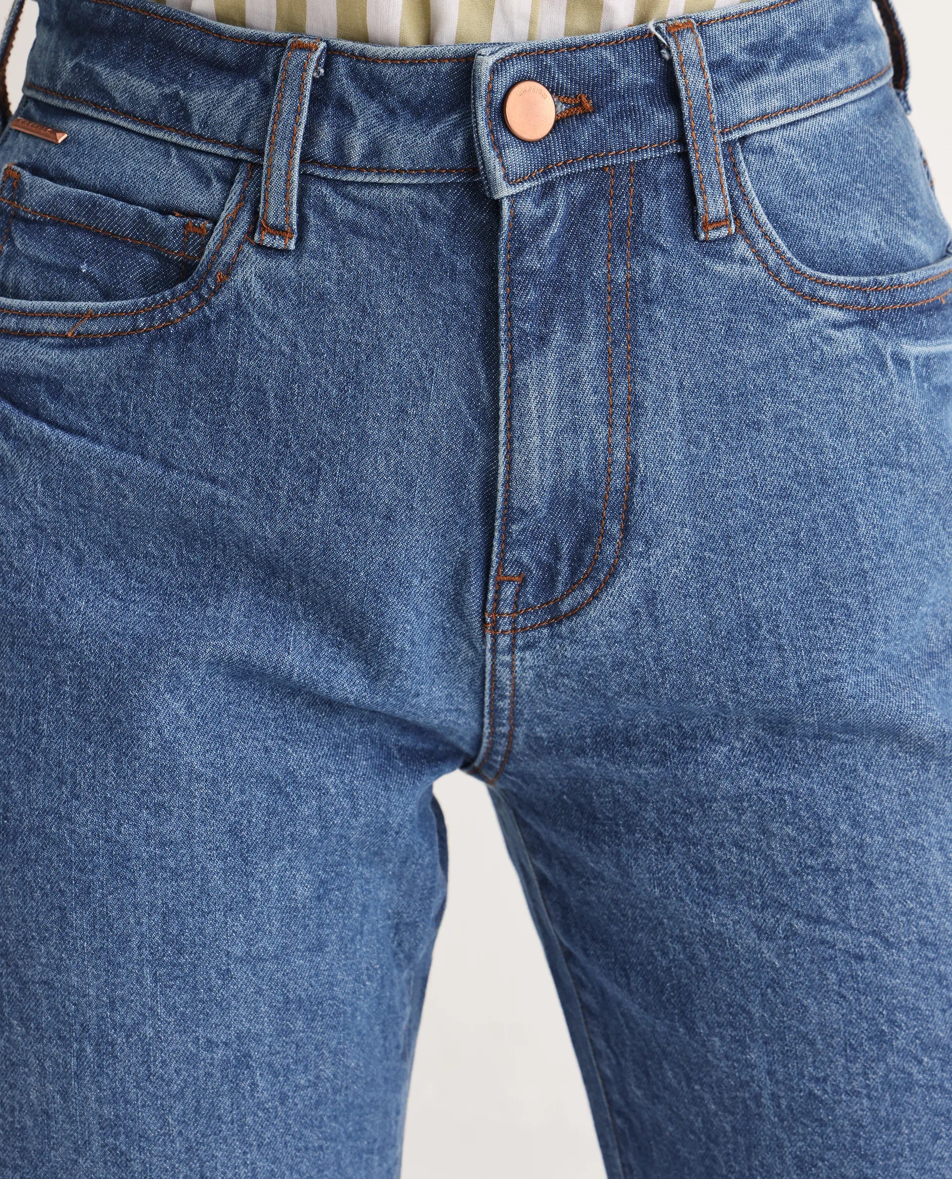 Rareism Women's Osseo Blue Cotton Blend Plain Ankle Length Smart Straight Fit Jeans