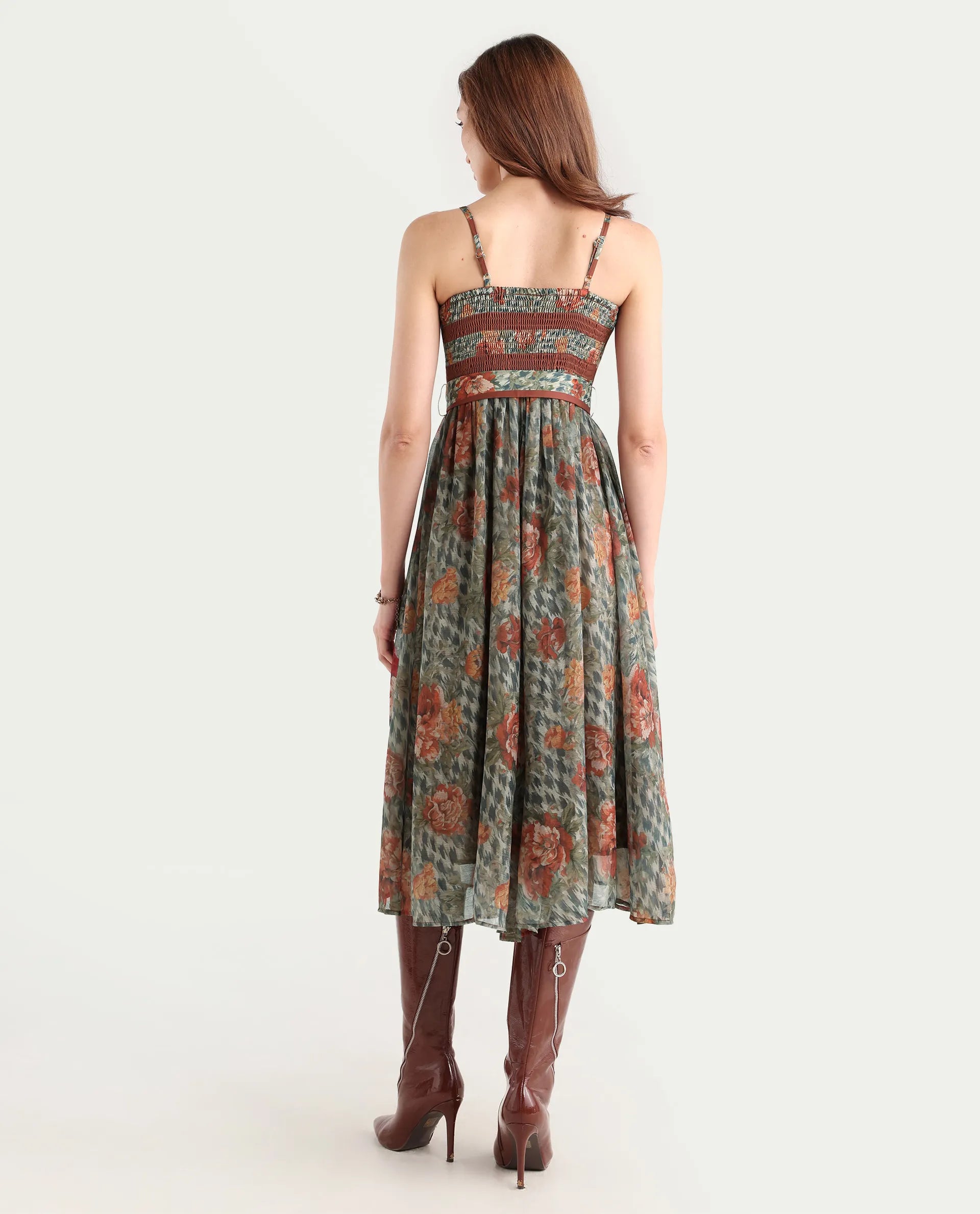 Rareism Women's Ostig Multi Satin Tube Neck Floral Print Sleeveless Midi Fit And Flare Dress