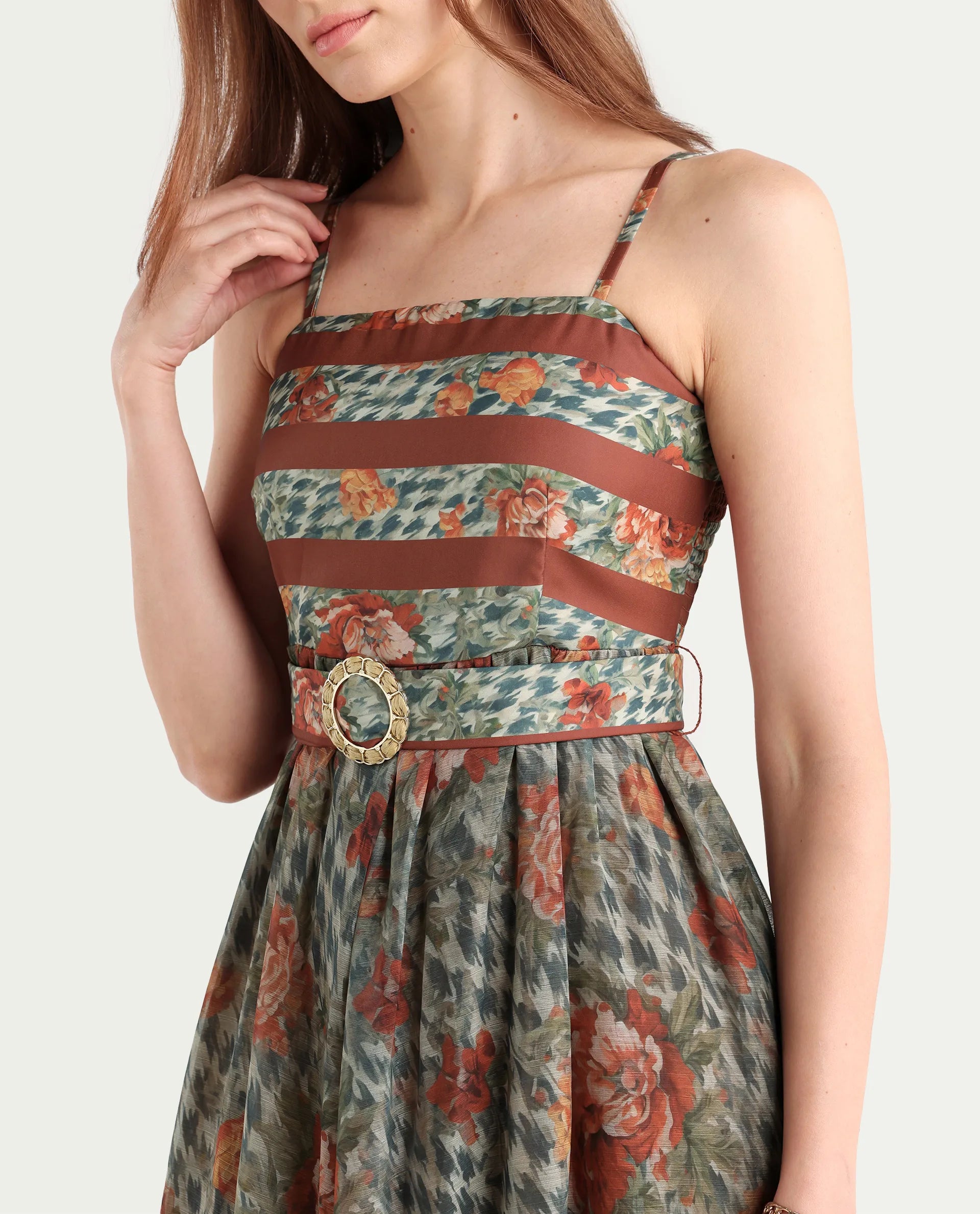 Rareism Women's Ostig Multi Satin Tube Neck Floral Print Sleeveless Midi Fit And Flare Dress