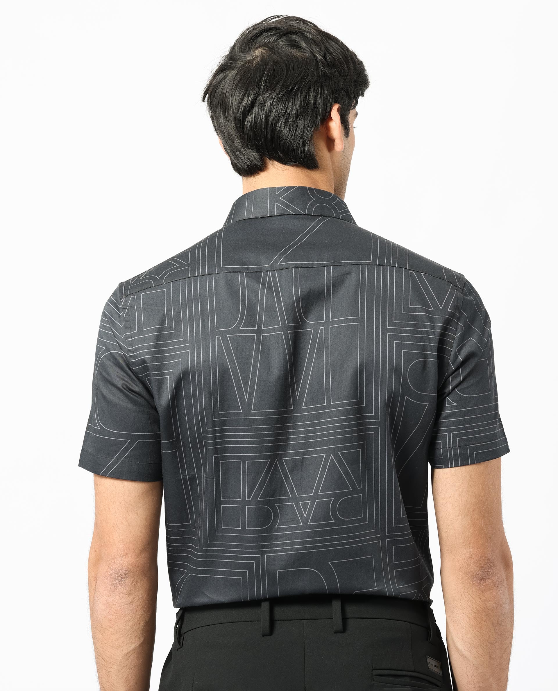 Rare Rabbit Men's Osuna Black Cotton Fabric Graphic Print Half Sleeves Statement Shirt