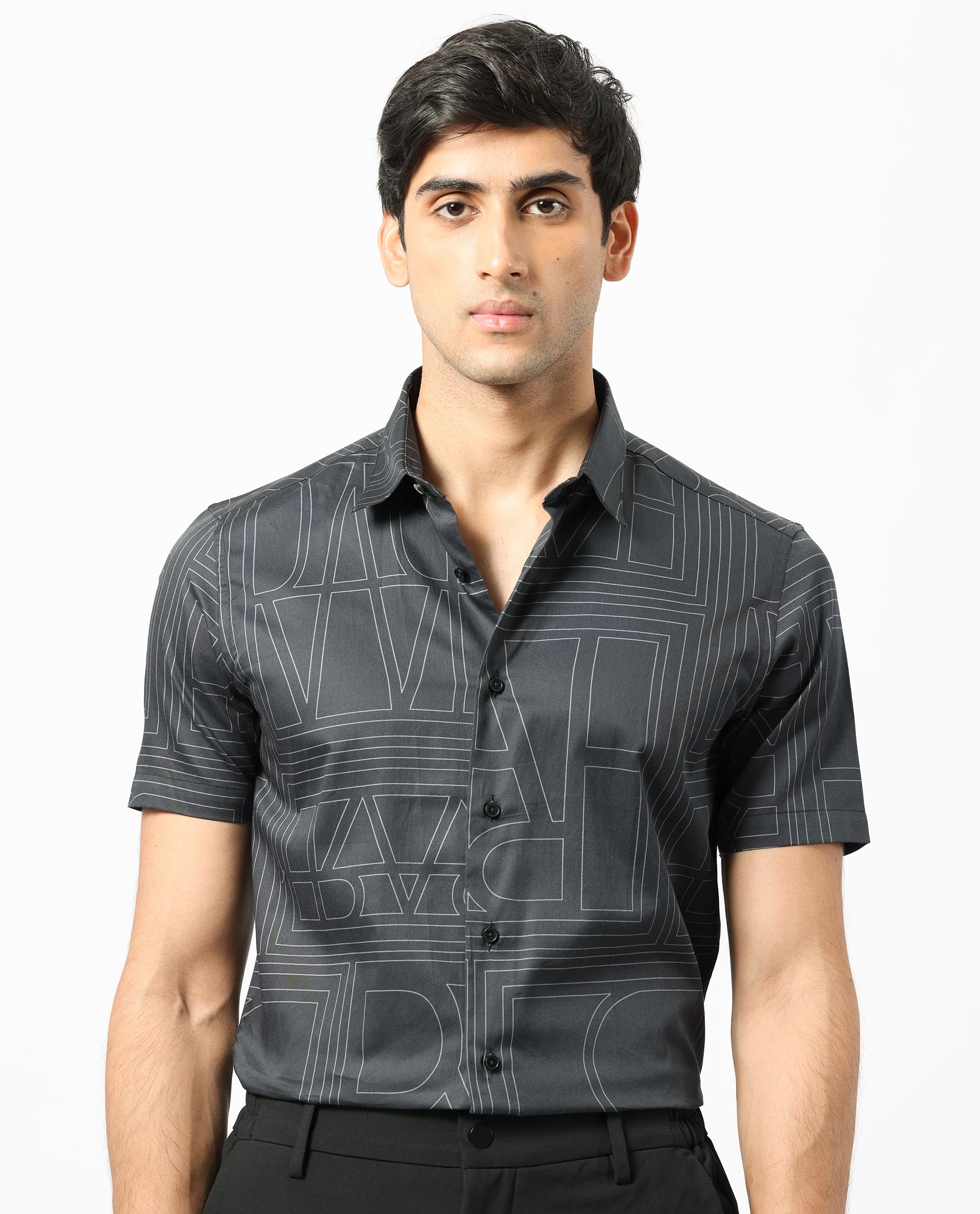 Rare Rabbit Men's Osuna Black Cotton Fabric Graphic Print Half Sleeves Statement Shirt