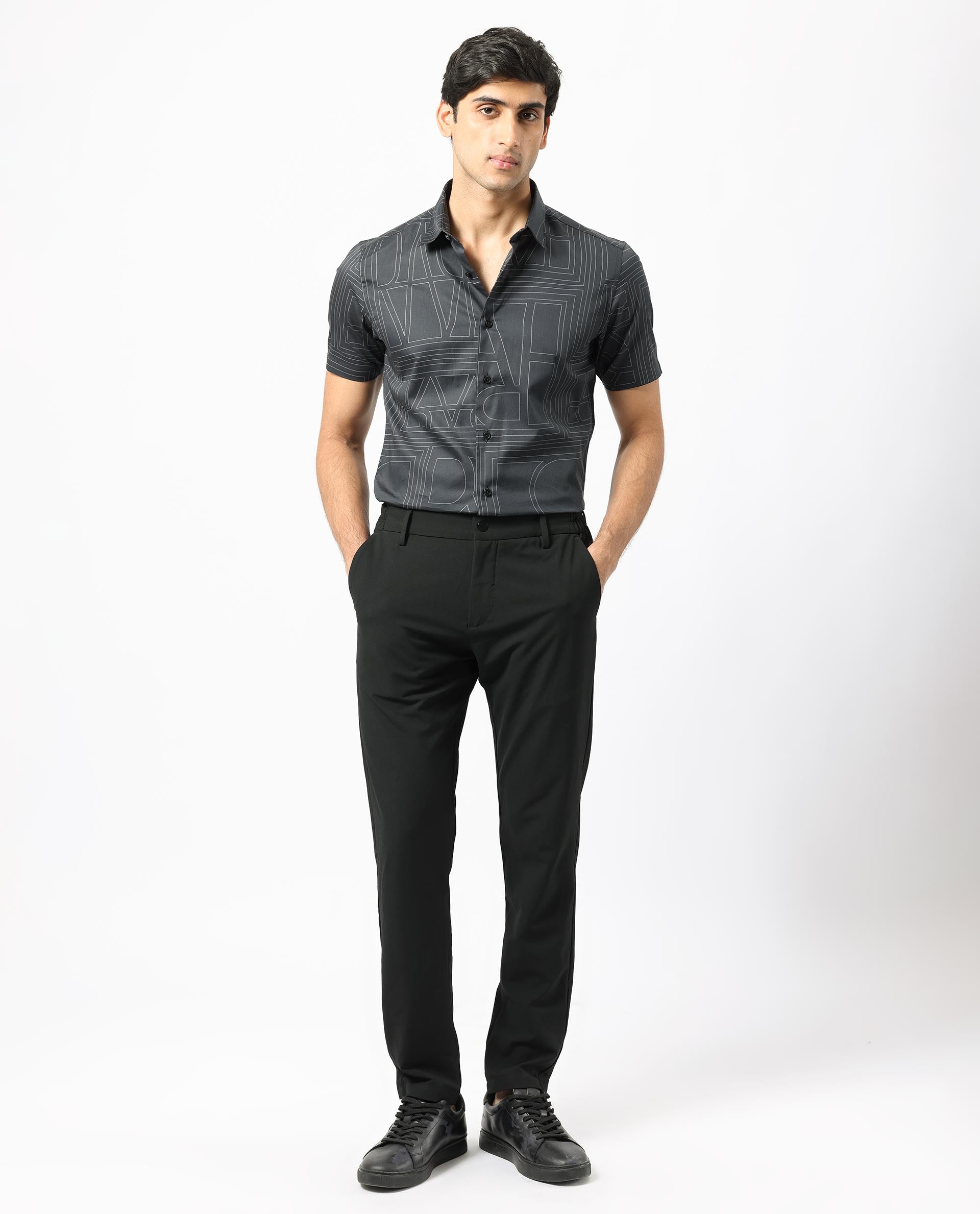 Rare Rabbit Men's Osuna Black Cotton Fabric Graphic Print Half Sleeves Statement Shirt