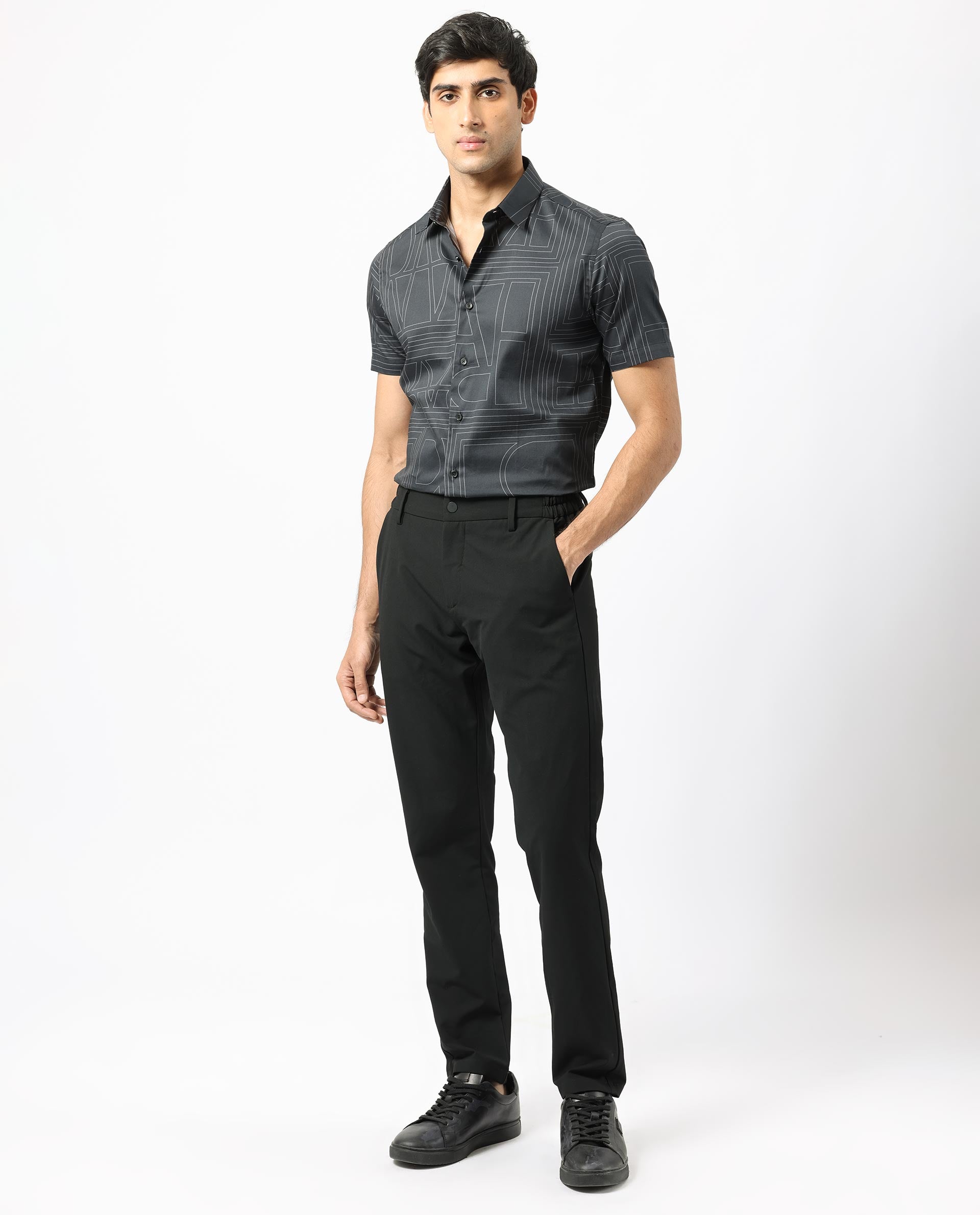 Rare Rabbit Men's Osuna Black Cotton Fabric Graphic Print Half Sleeves Statement Shirt