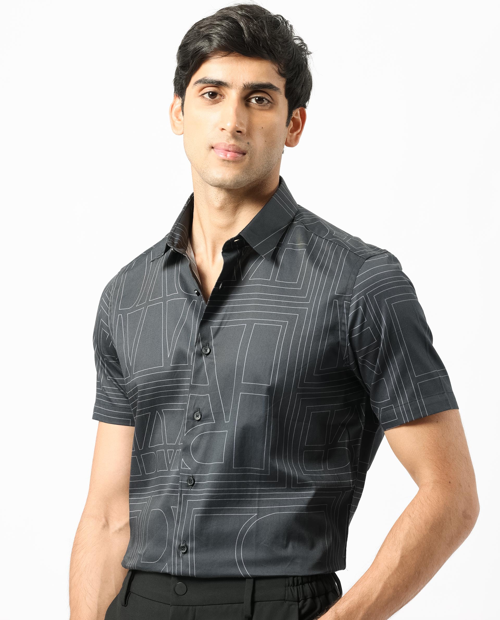 Rare Rabbit Men's Osuna Black Cotton Fabric Graphic Print Half Sleeves Statement Shirt