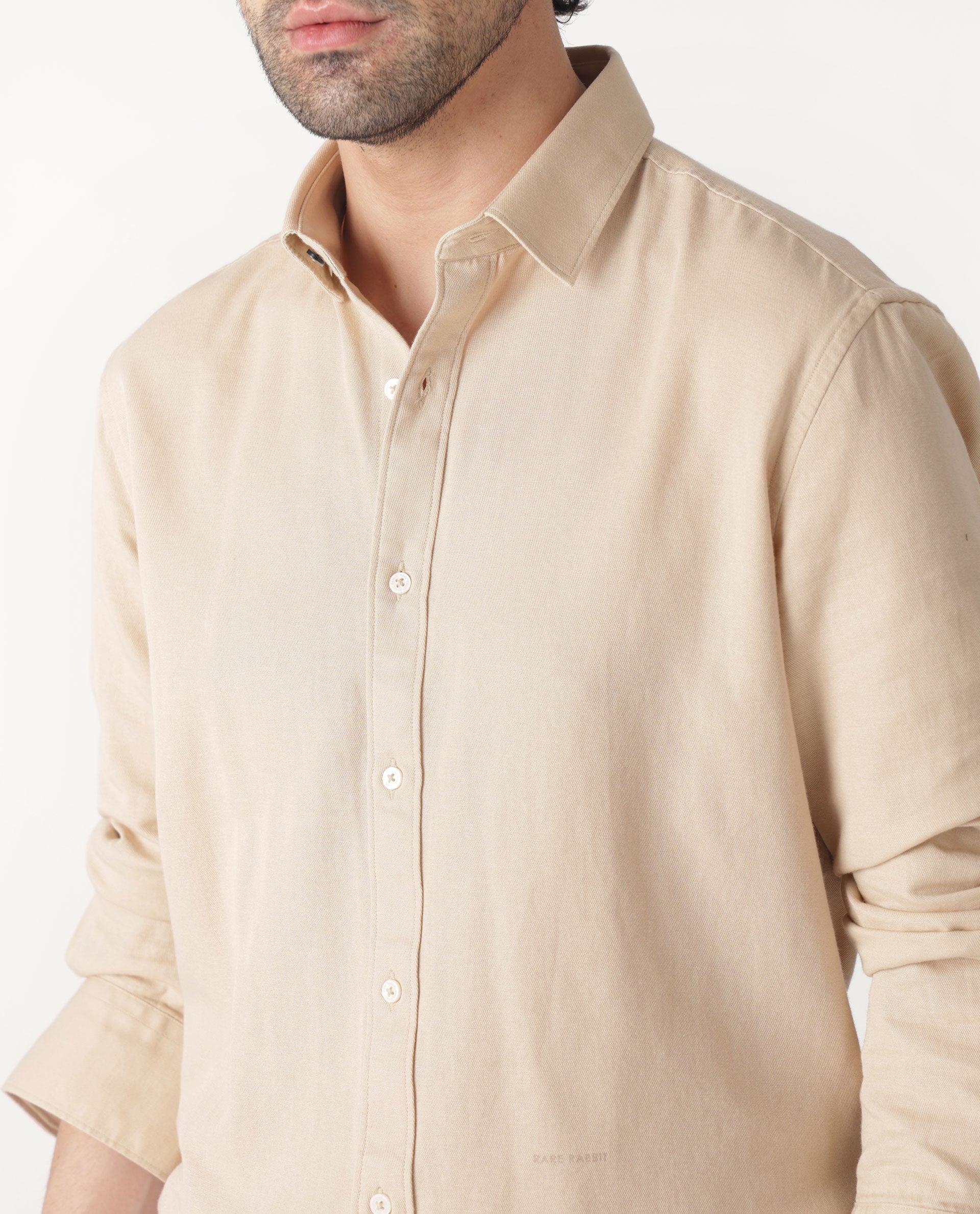 Rare Rabbit Mens Otago Beige Cotton Fabric Full Sleeves Regular Fit Solid Twill Shirt