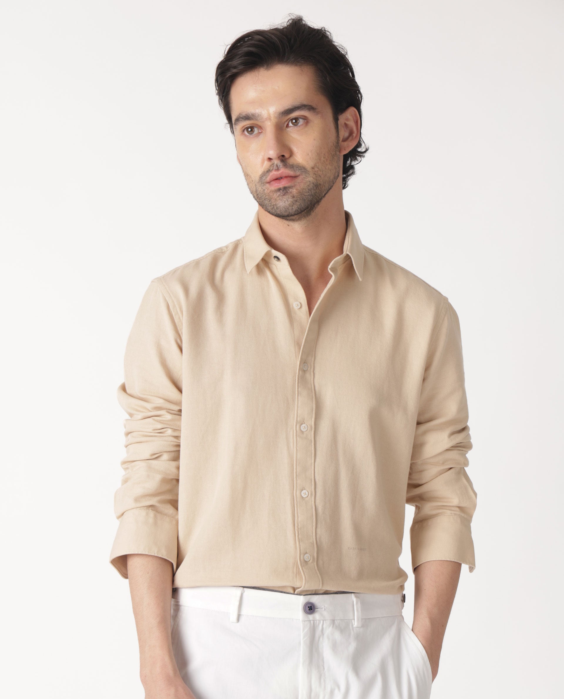 Rare Rabbit Mens Otago Beige Cotton Fabric Full Sleeves Regular Fit Solid Twill Shirt