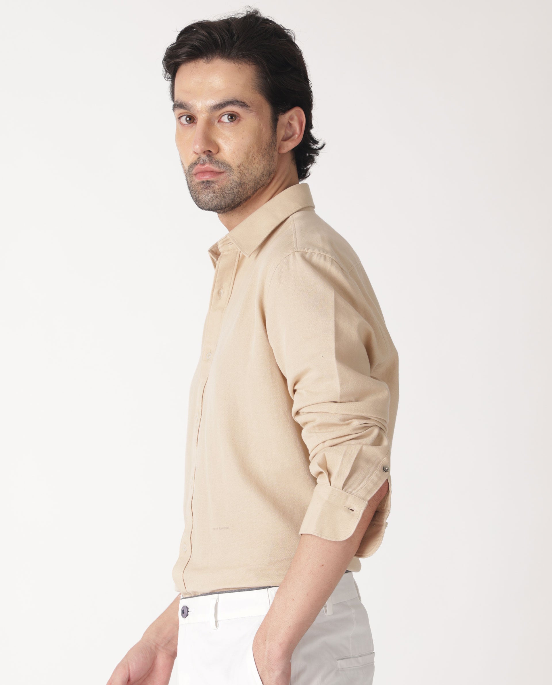 Rare Rabbit Mens Otago Beige Cotton Fabric Full Sleeves Regular Fit Solid Twill Shirt