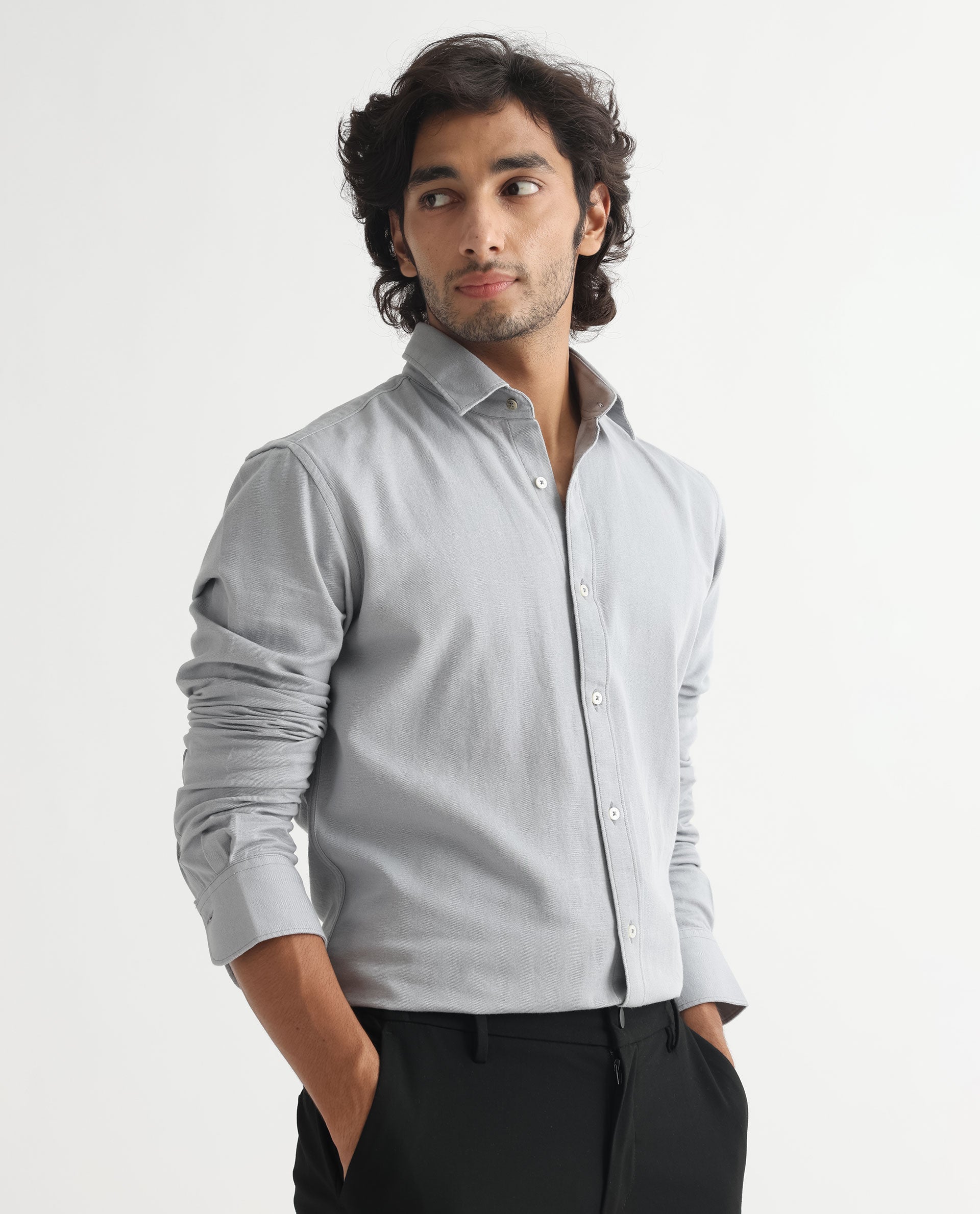 Rare Rabbit Mens Otago Grey Cotton Fabric Full Sleeves Regular Fit Solid Twill Shirt