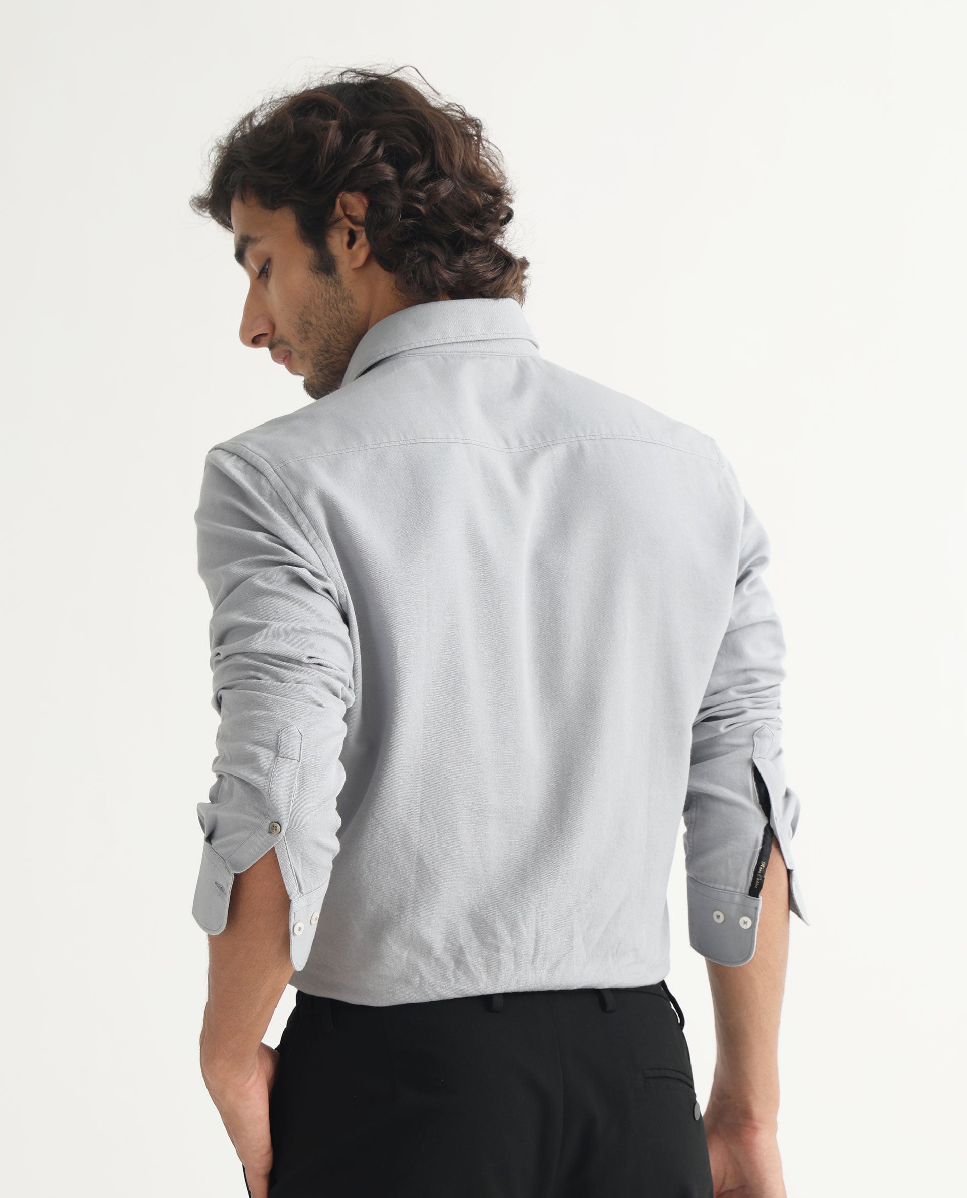 Rare Rabbit Mens Otago Grey Cotton Fabric Full Sleeves Regular Fit Solid Twill Shirt