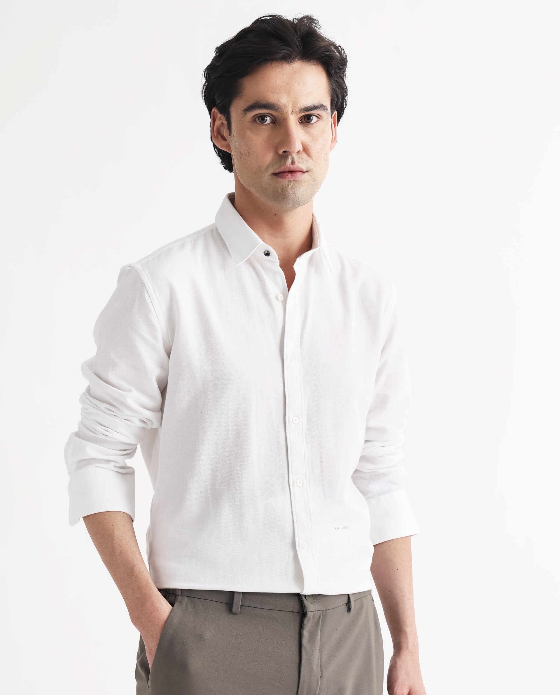 Rare Rabbit Mens Otago White Cotton Fabric Full Sleeves Regular Fit Solid Twill Shirt