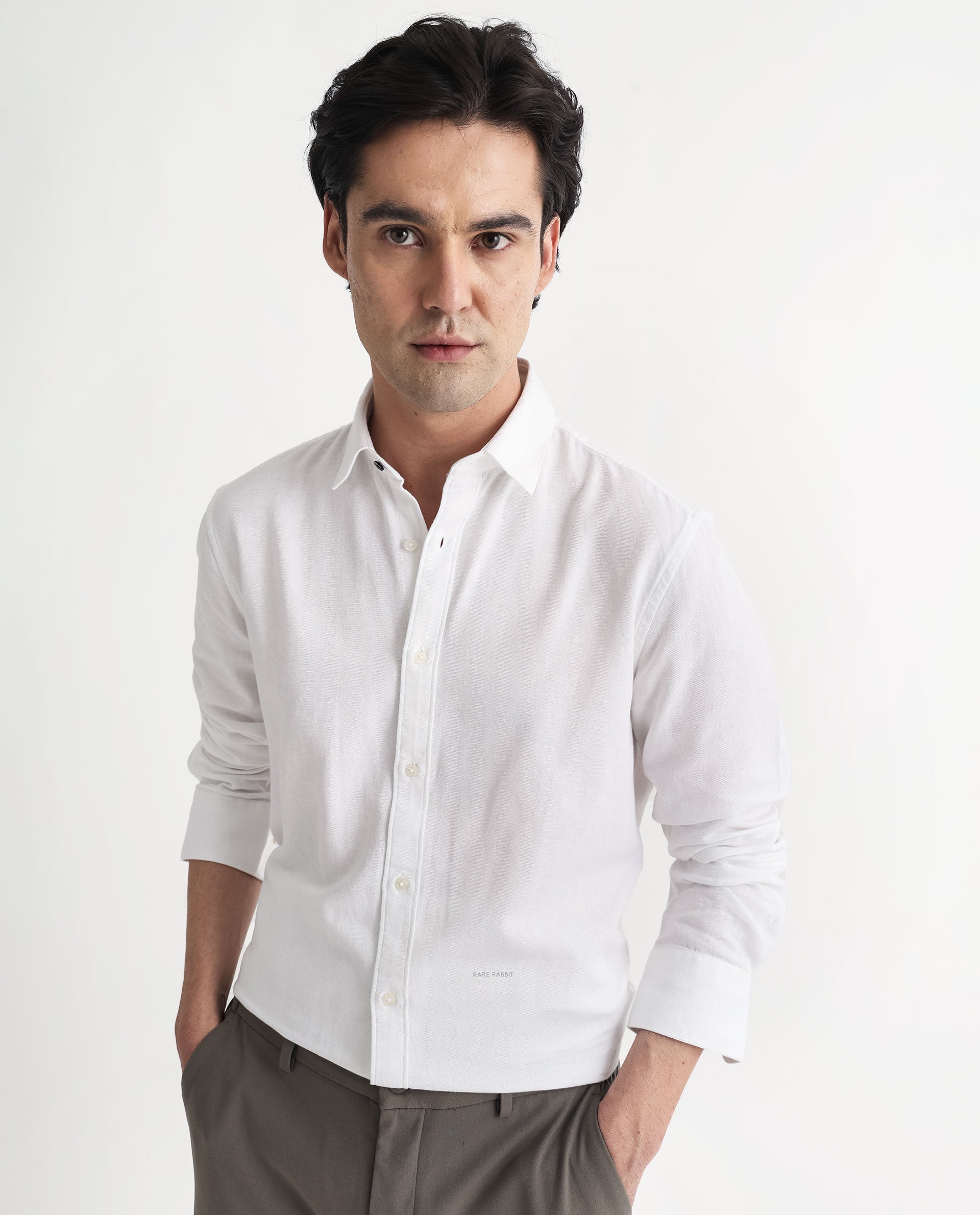 Rare Rabbit Mens Otago White Cotton Fabric Full Sleeves Regular Fit Solid Twill Shirt