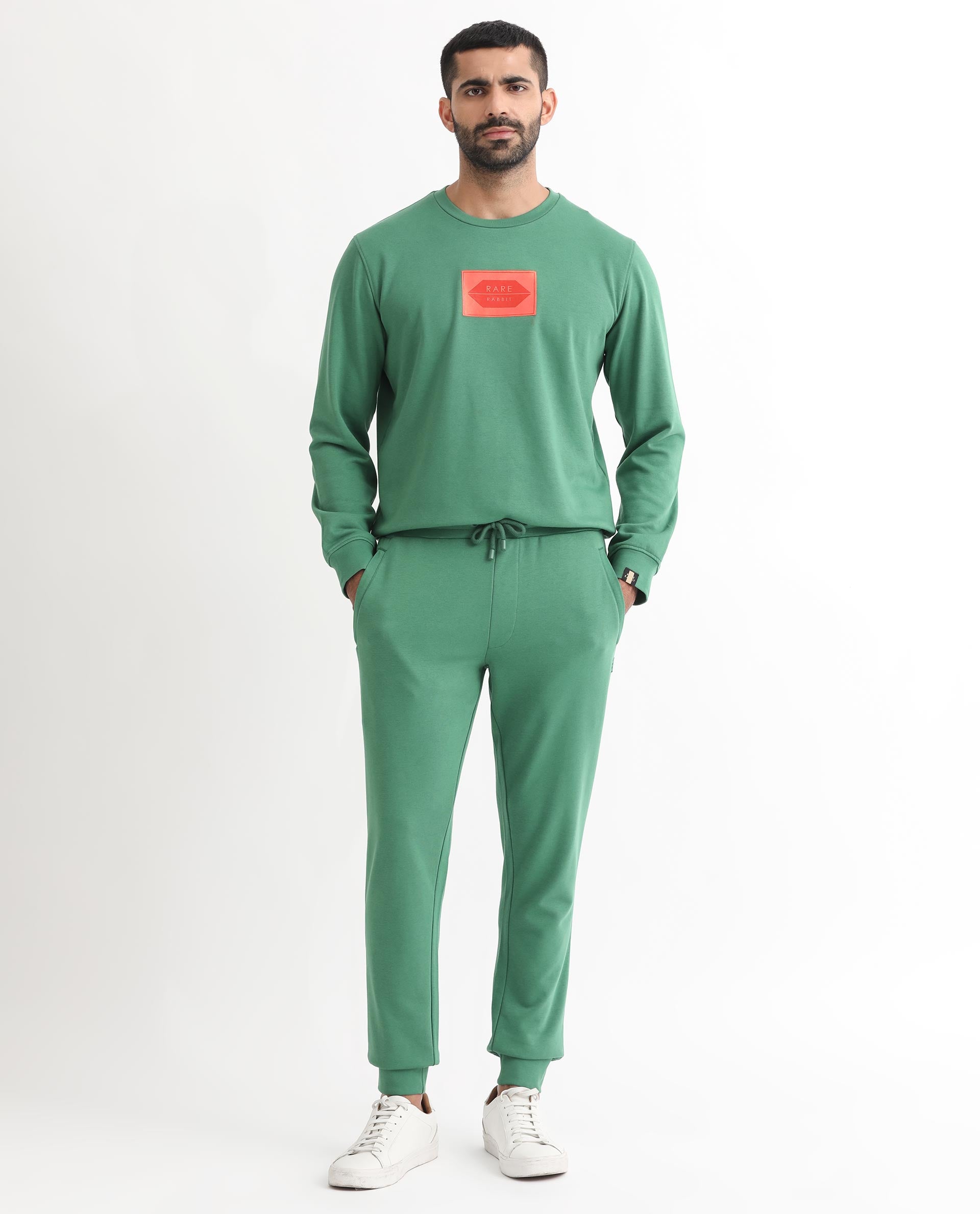Rare Rabbit Men's Otari Green Cotton Polyester Fabric Drawstring Closure Regular Fit Mid Rise Trackpant