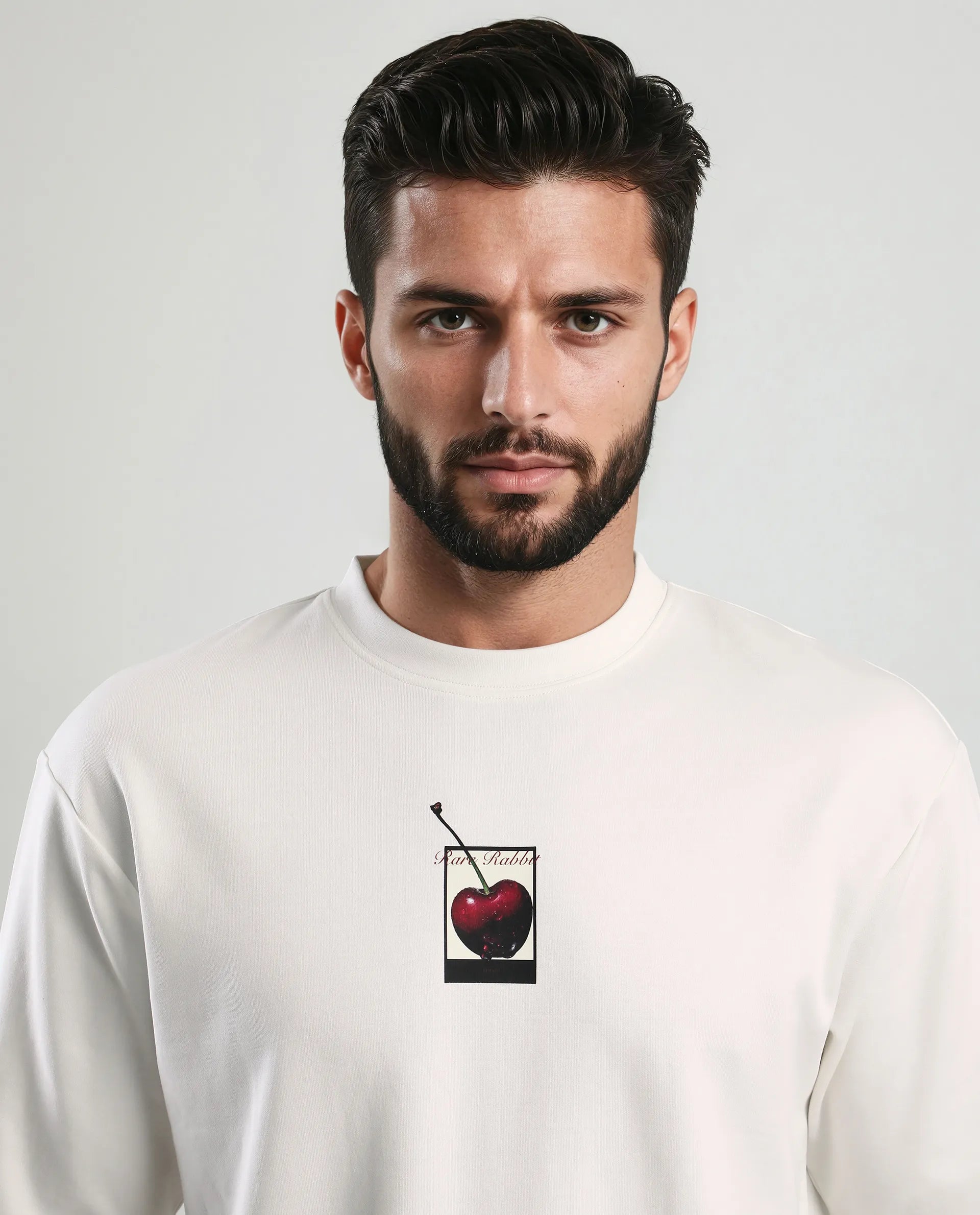 Rare Rabbit Men's Otar Off White Cotton Blend Graphic Print Regular Fit Half Sleeve Crew Neck T-Shirt