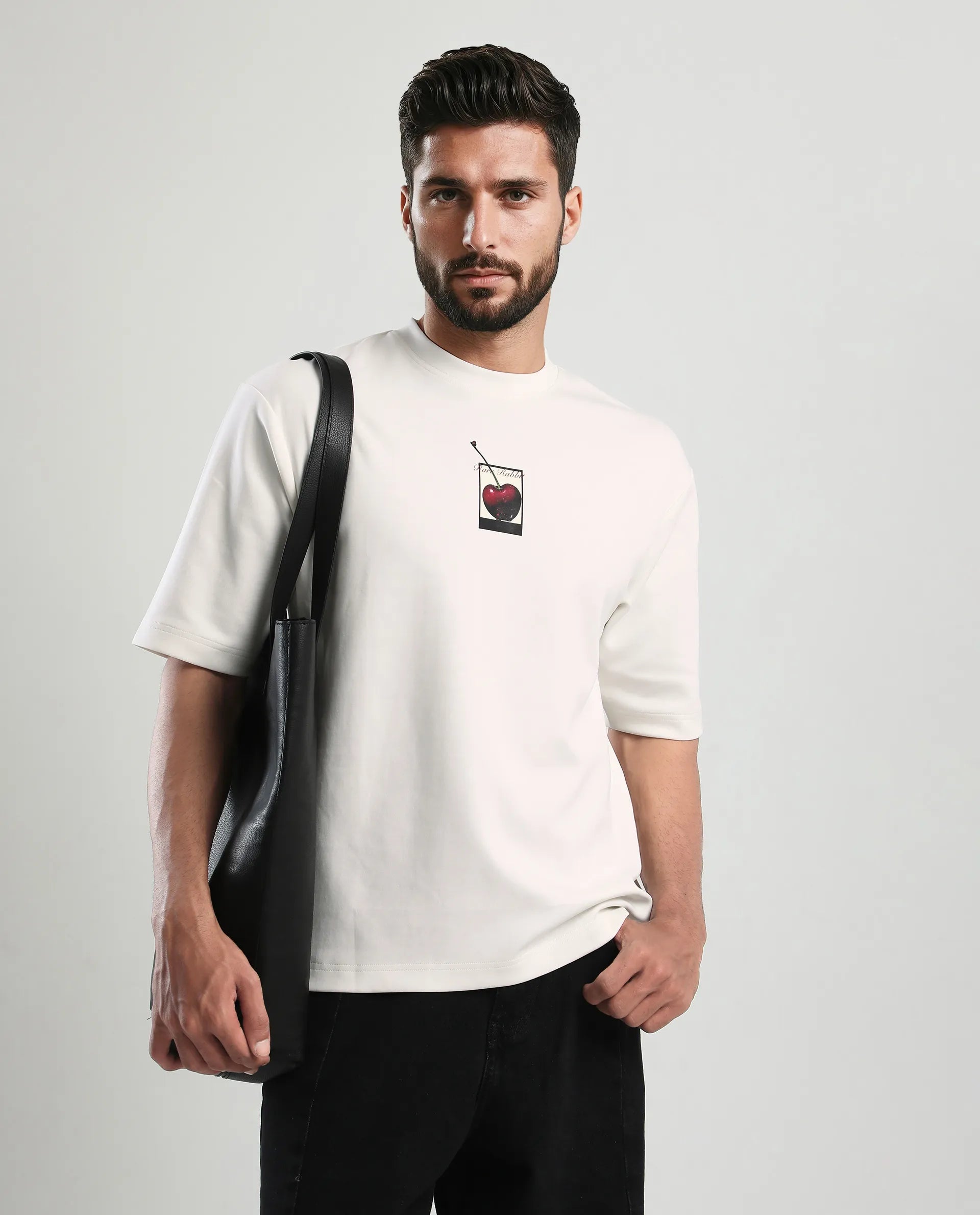 Rare Rabbit Men's Otar Off White Cotton Blend Graphic Print Regular Fit Half Sleeve Crew Neck T-Shirt