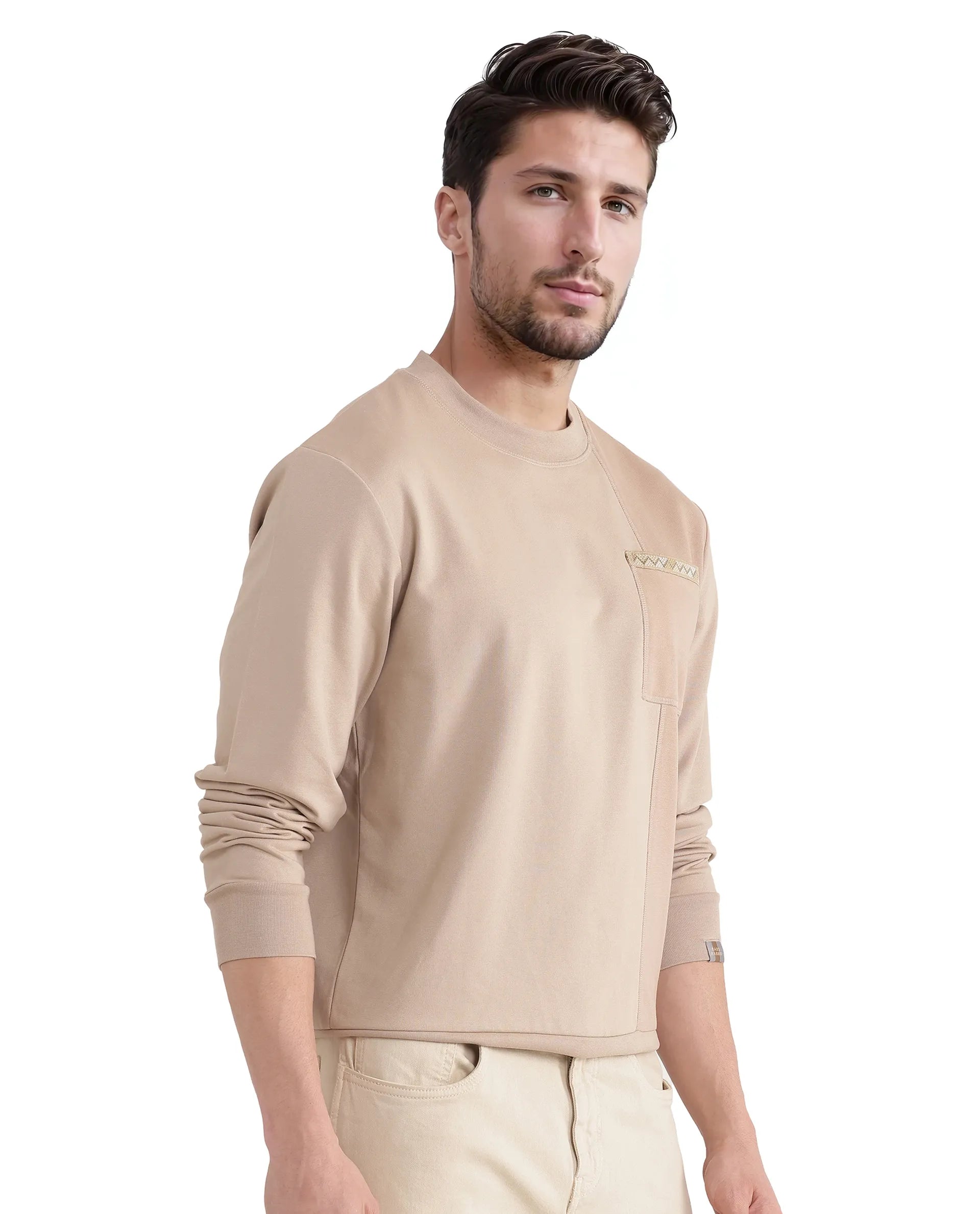Rare Rabbit Men Otese Beige Cotton Polyester Fabric Full Sleeve Crew Neck Regular Fit Cut and Sew Sweatshirt