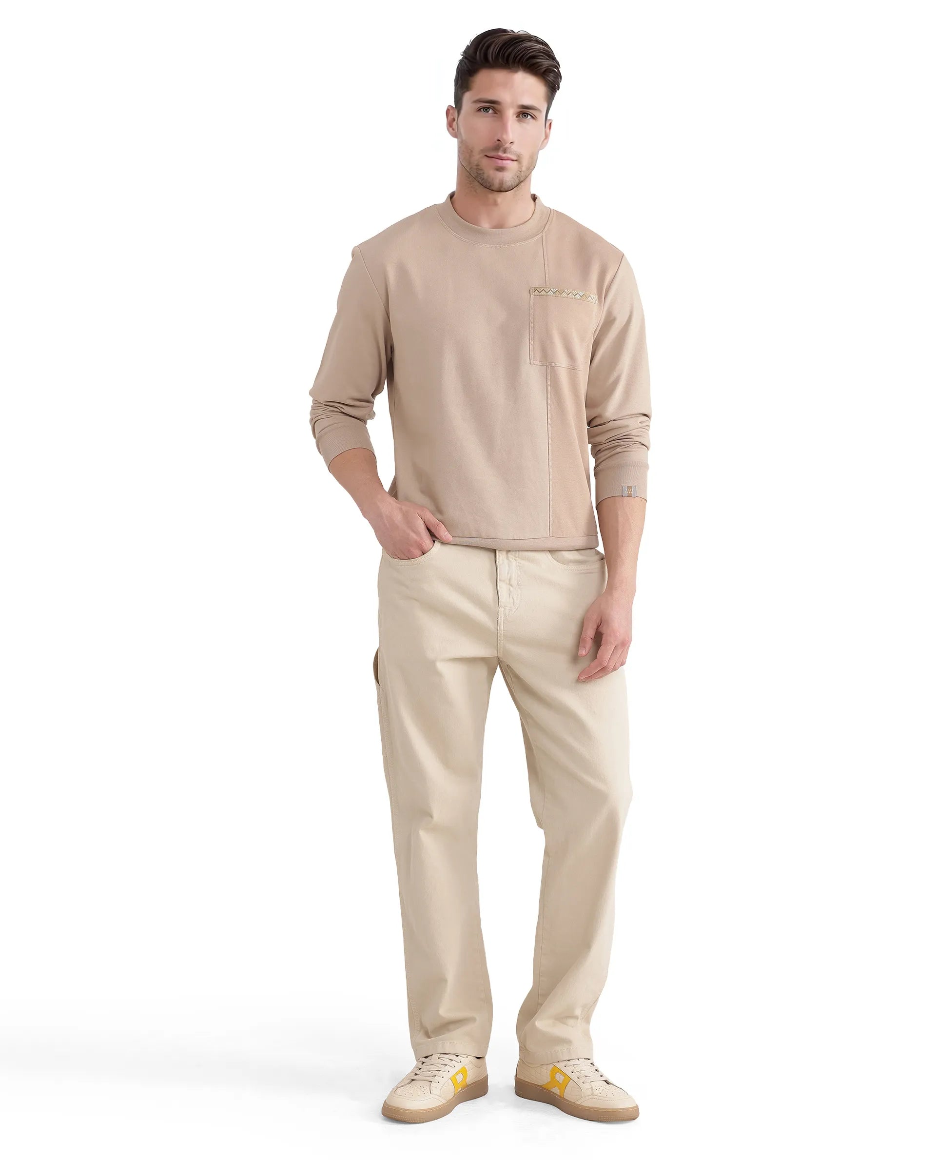 Rare Rabbit Men Otese Beige Cotton Polyester Fabric Full Sleeve Crew Neck Regular Fit Cut and Sew Sweatshirt