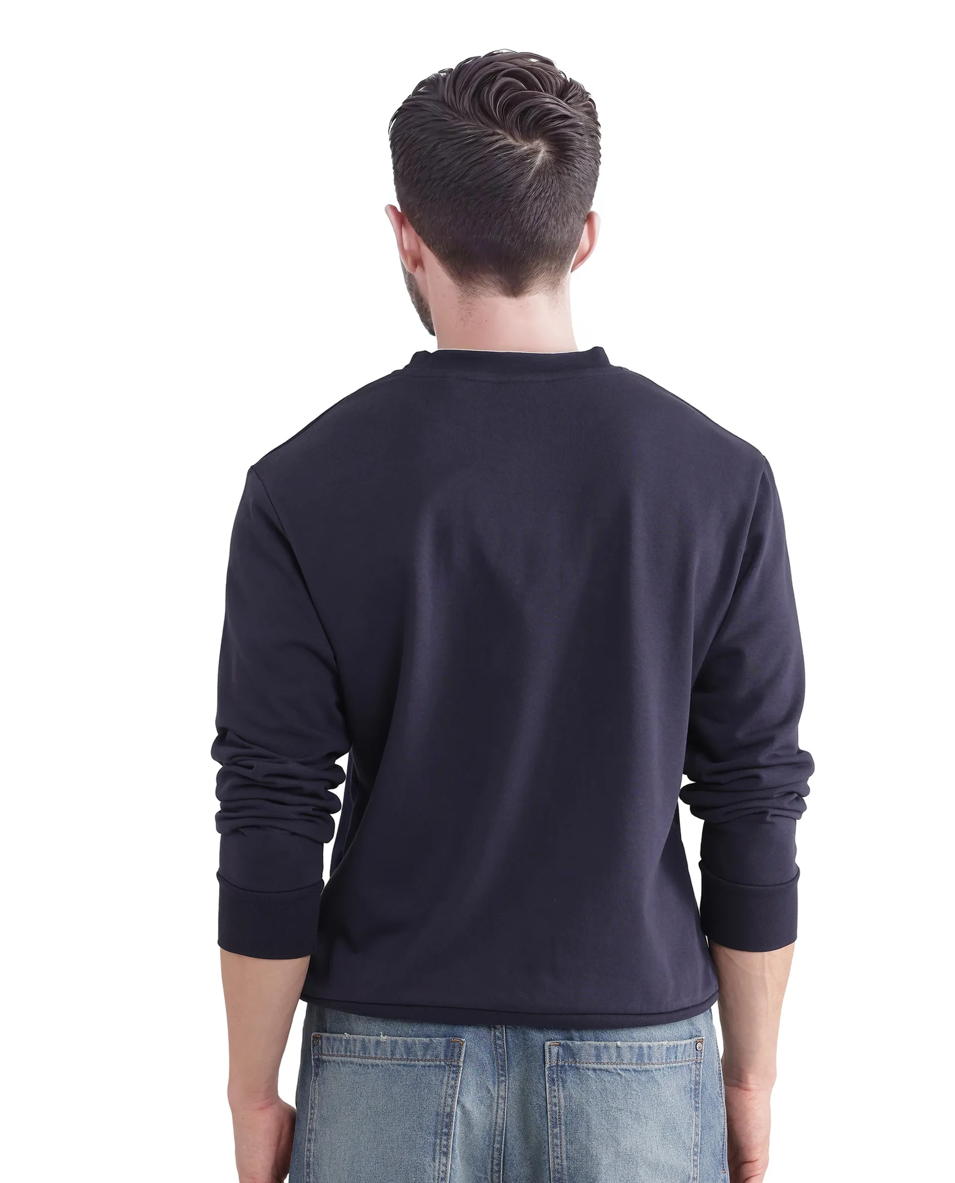 Rare Rabbit Men Otese Navy Cotton Polyester Fabric Full Sleeve Crew Neck Regular Fit Cut and Sew Sweatshirt