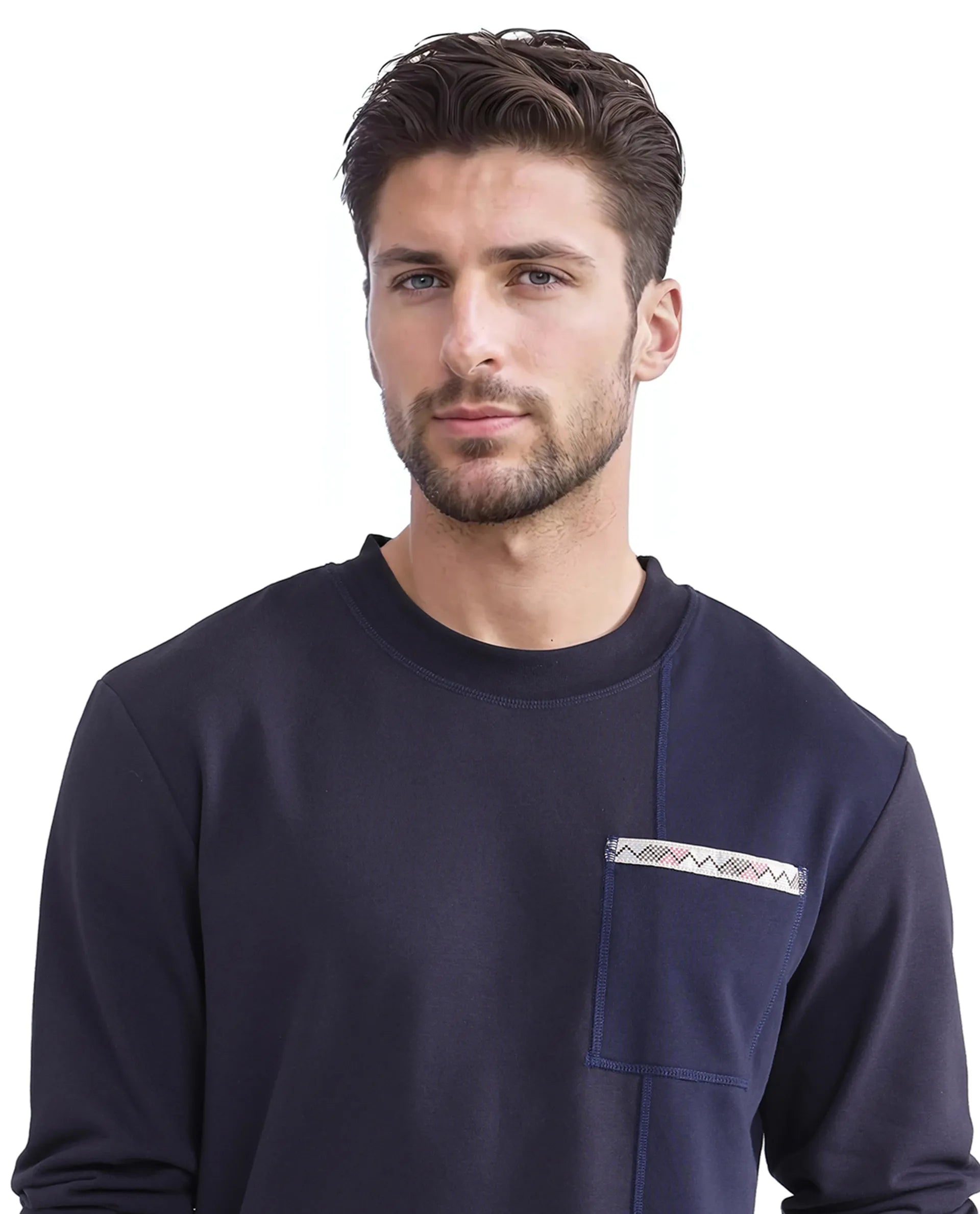 Rare Rabbit Men Otese Navy Cotton Polyester Fabric Full Sleeve Crew Neck Regular Fit Cut and Sew Sweatshirt