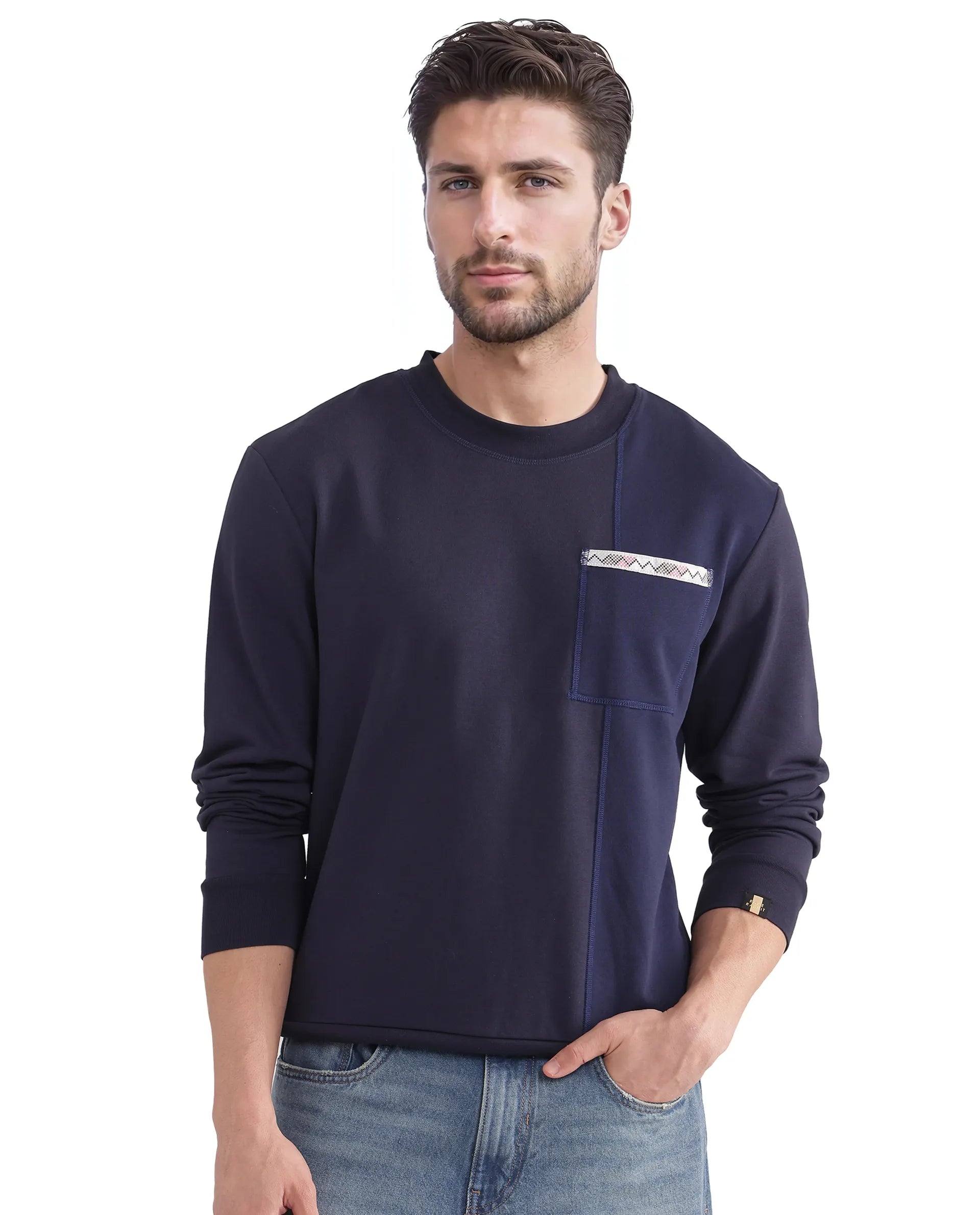 Rare Rabbit Men Otese Navy Cotton Polyester Fabric Full Sleeve Crew Neck Regular Fit Cut and Sew Sweatshirt