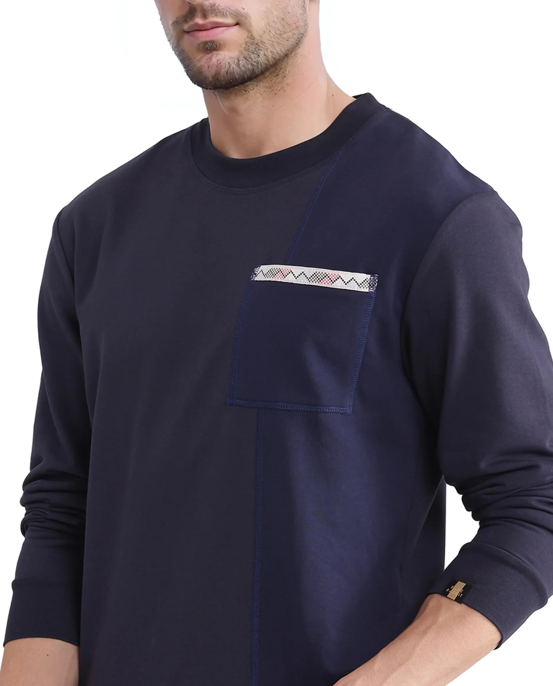 Rare Rabbit Men Otese Navy Cotton Polyester Fabric Full Sleeve Crew Neck Regular Fit Cut and Sew Sweatshirt