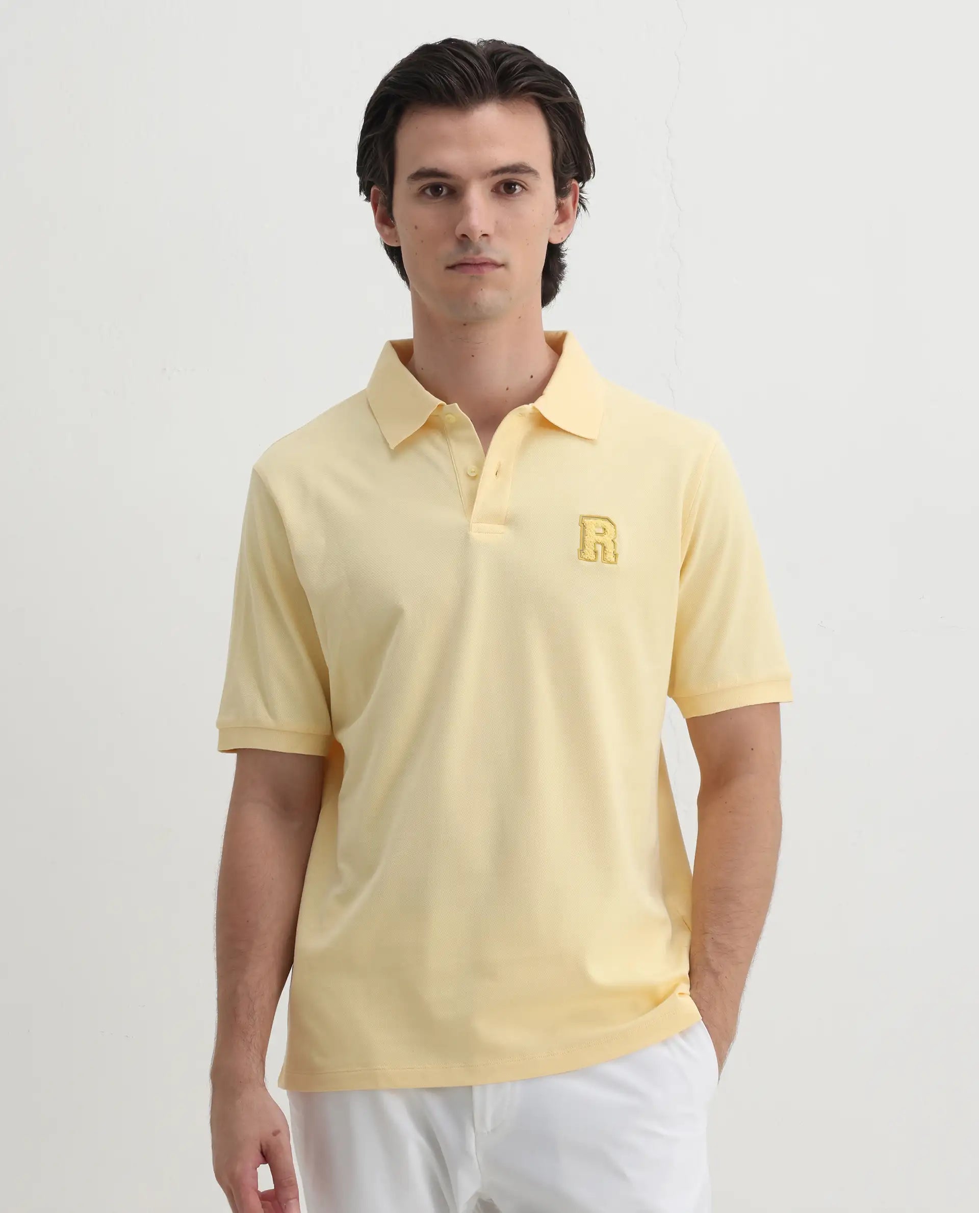 Rare Rabbit Men's Otes Pastel Yellow Cotton Plain Regular Fit Half Sleeve Polo