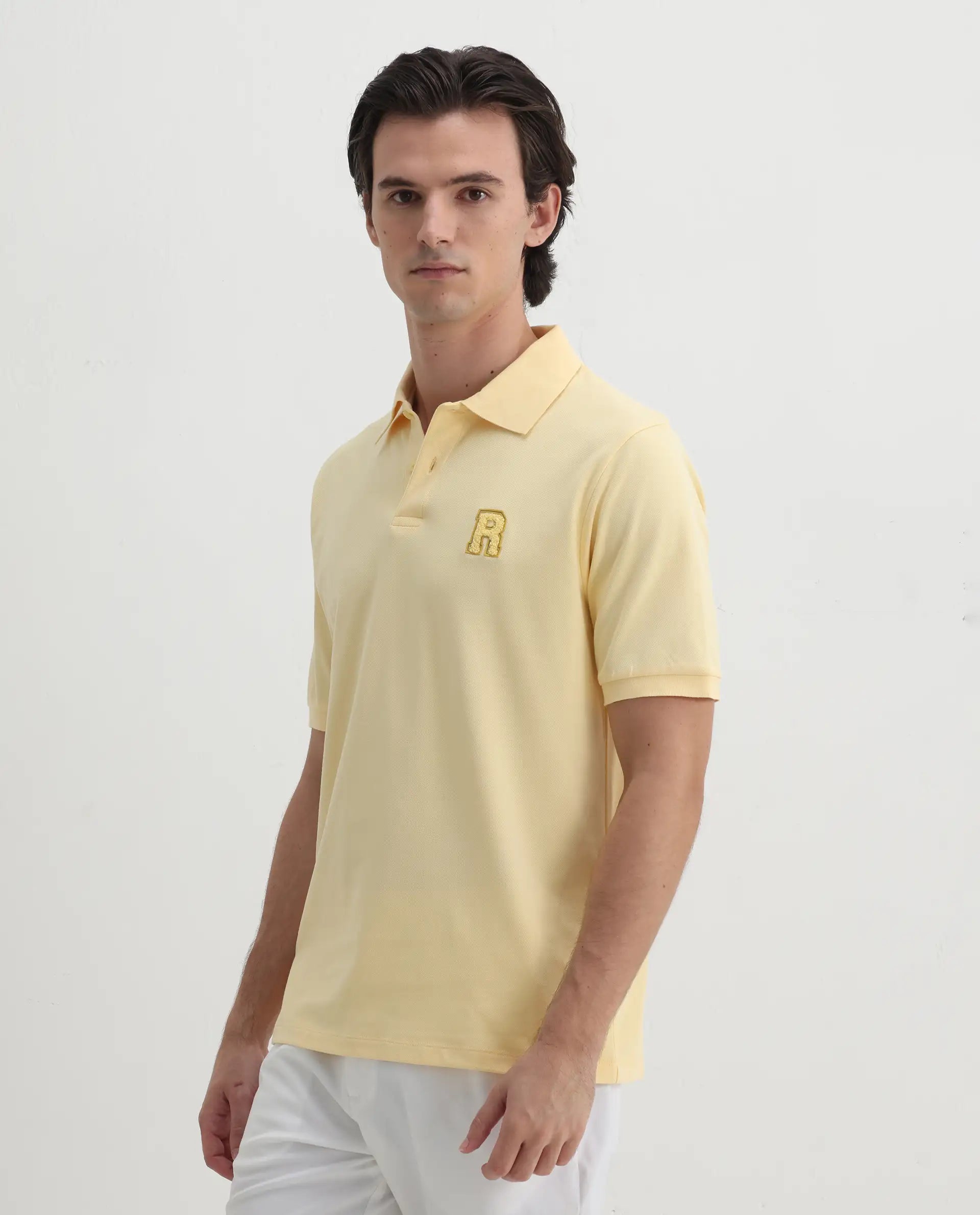 Rare Rabbit Men's Otes Pastel Yellow Cotton Plain Regular Fit Half Sleeve Polo