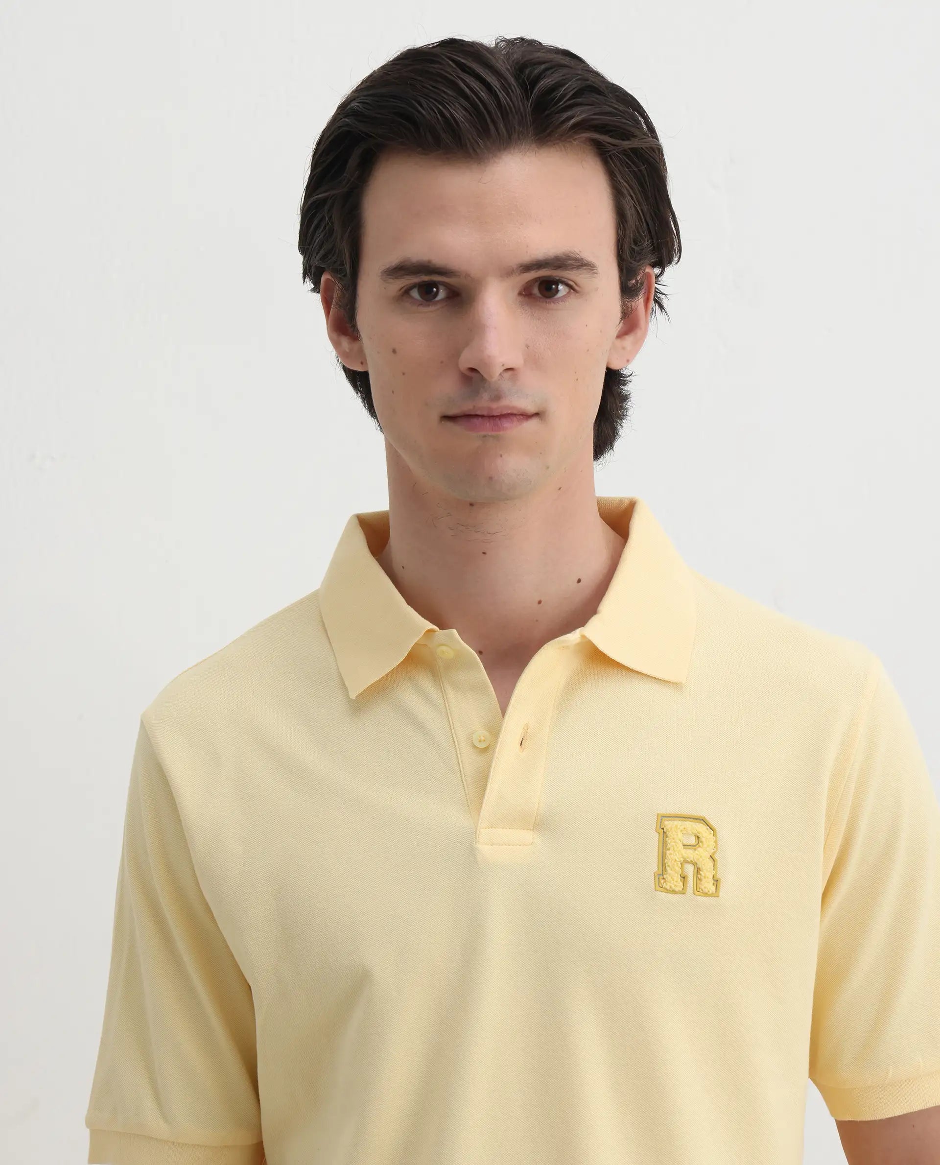 Rare Rabbit Men's Otes Pastel Yellow Cotton Plain Regular Fit Half Sleeve Polo