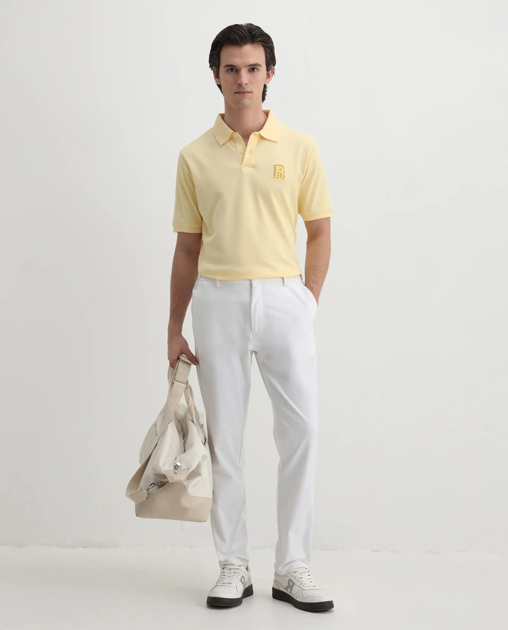 Rare Rabbit Men's Otes Pastel Yellow Cotton Plain Regular Fit Half Sleeve Polo