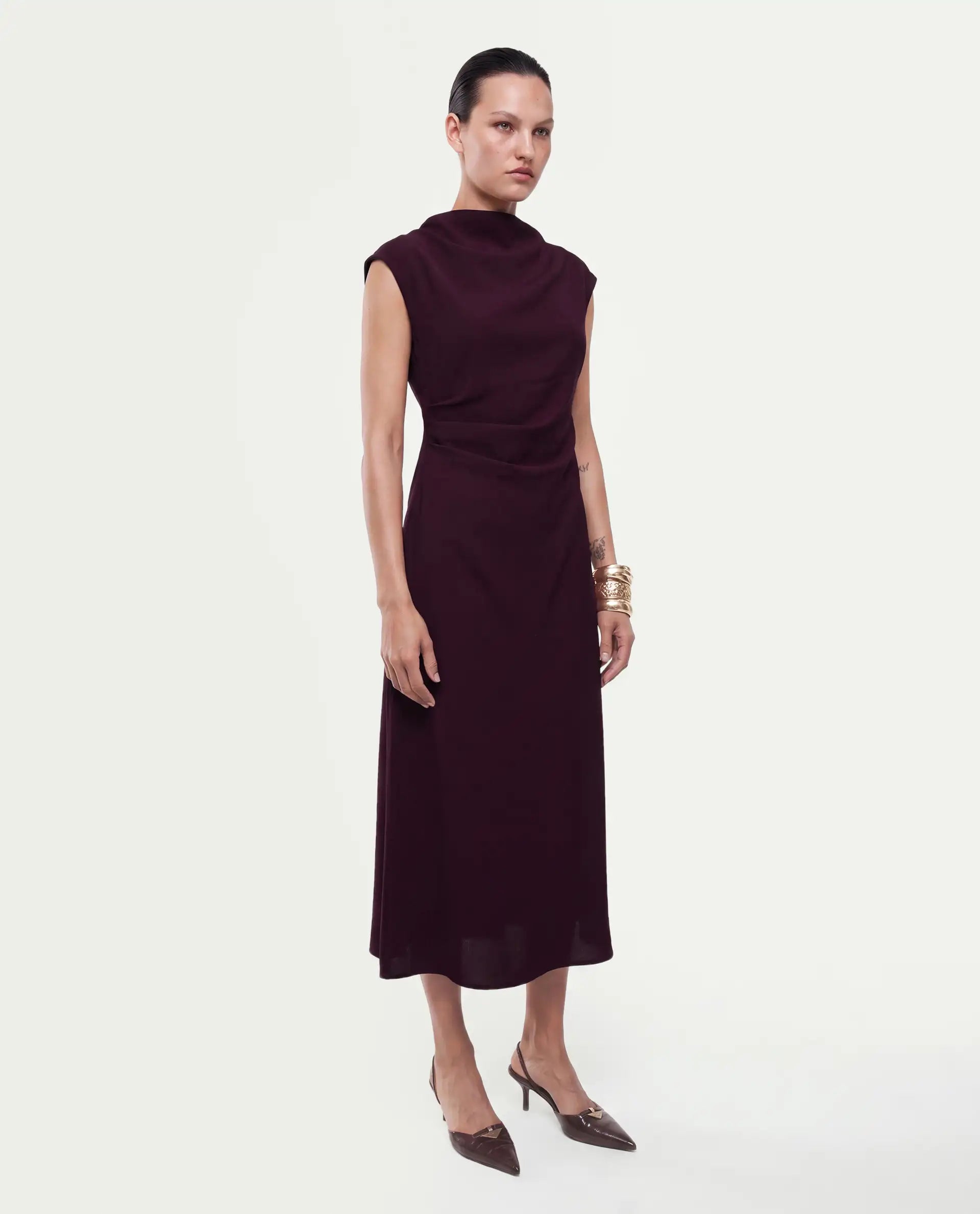 Rareism Women's Otim Maroon Polyester Button And Zip A-Line Plain Dress