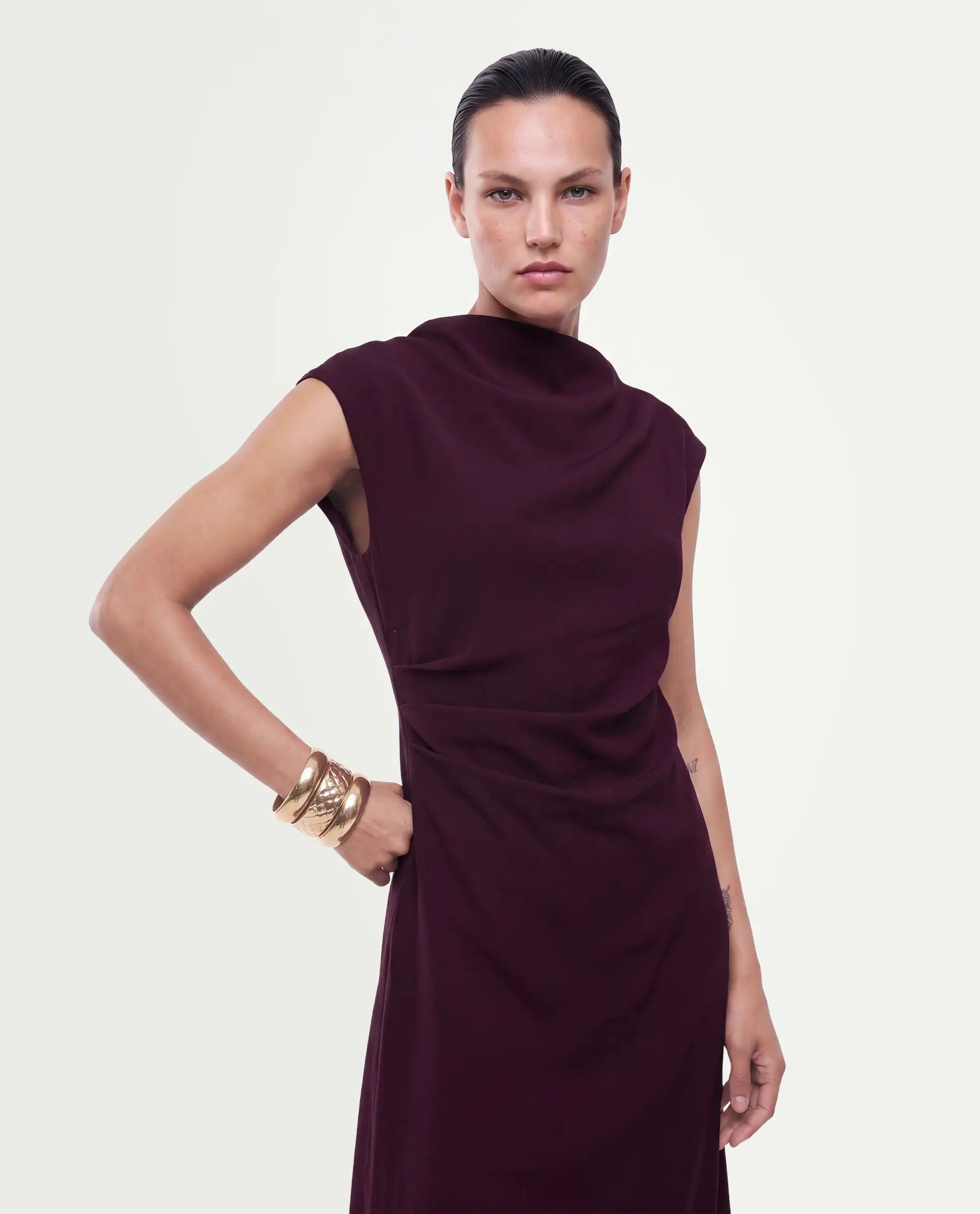 Rareism Women's Otim Maroon Polyester Button And Zip A-Line Plain Dress
