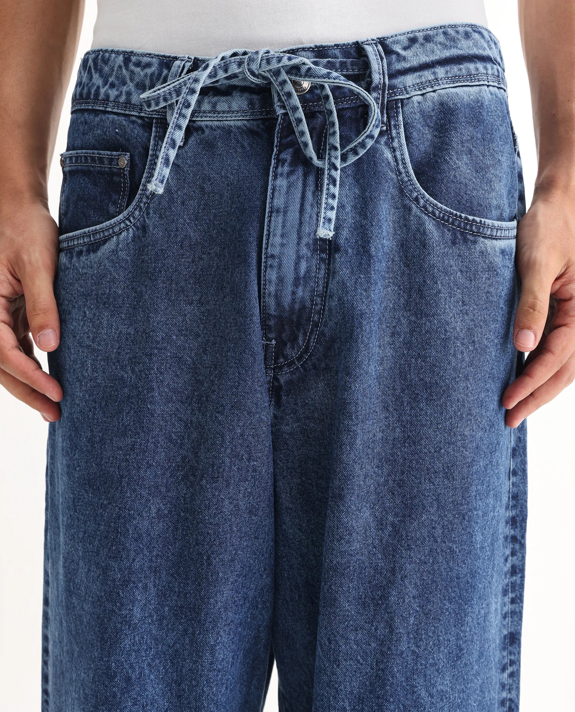 Rare Rabbit Men's Otto Light Blue Cotton Plain Baggy Fit Jeans