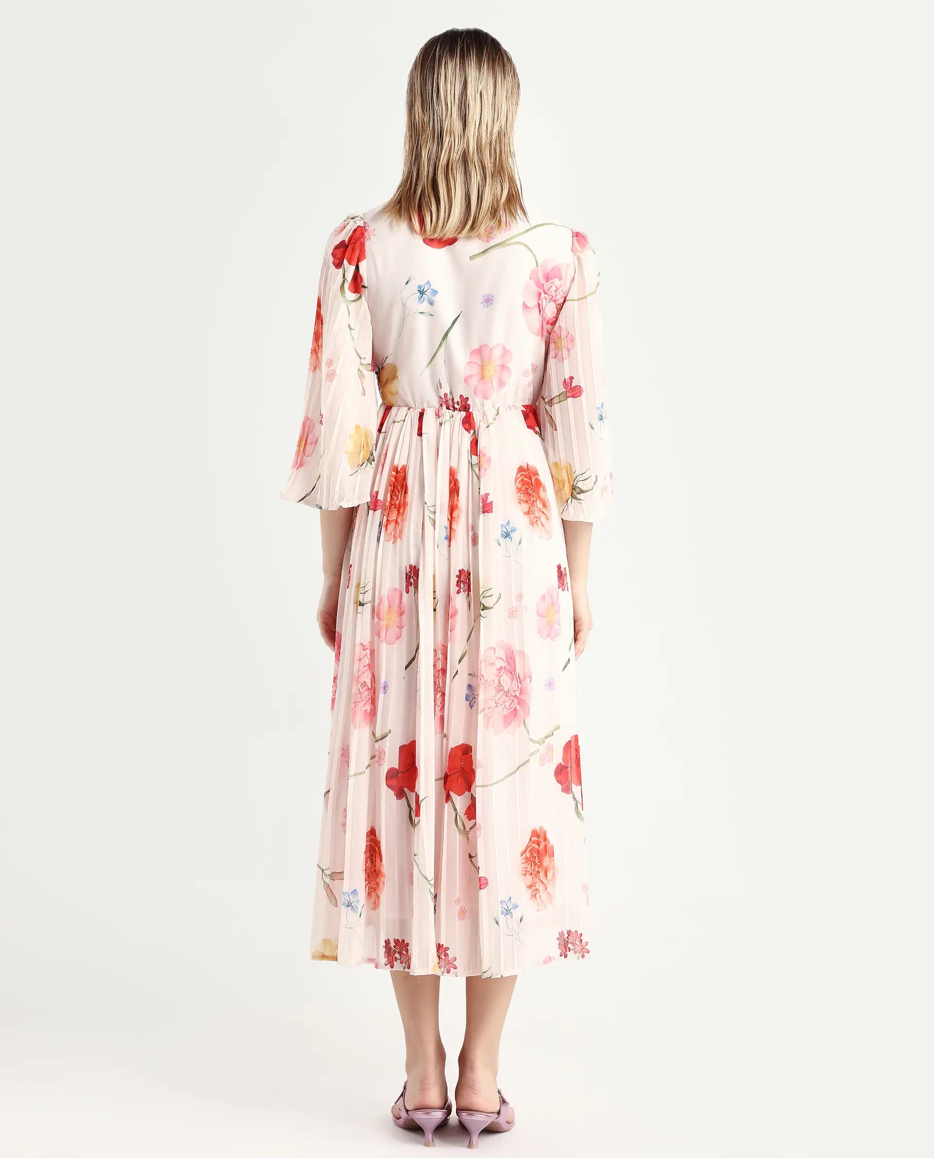 Rareism Women's Otto White Polyester V-Neck Floral Print Bell Sleeve Midi Fit And Flare Dress