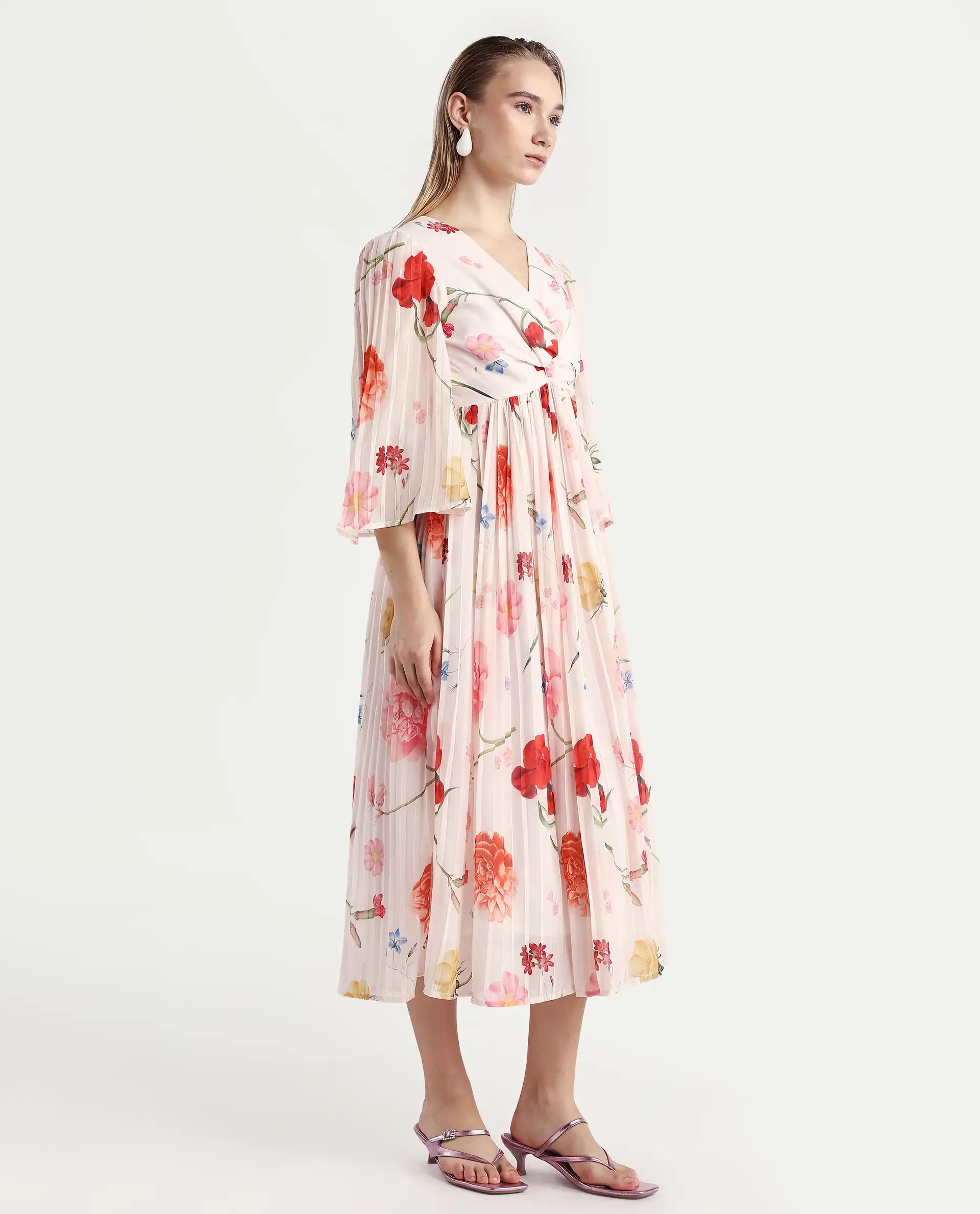 Rareism Women's Otto White Polyester V-Neck Floral Print Bell Sleeve Midi Fit And Flare Dress